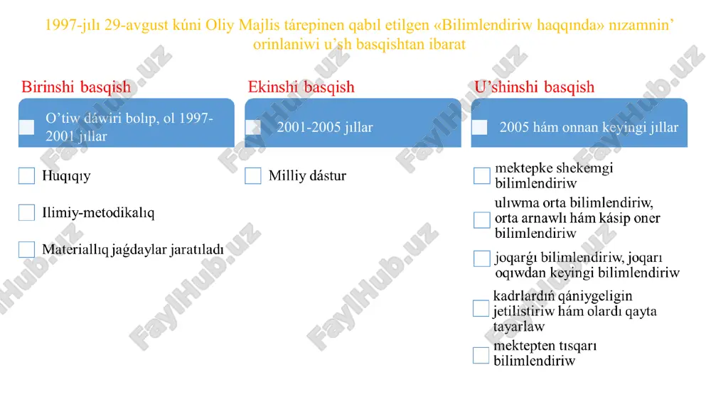 aǵı moskva mámleketlik universiteti, tashkent qalasındaǵı inxa universiteti sıyaqlı xalıqaralıq joqarı bilim beriw orınlarınıń filialları jumıs alıp barmaqta. ózbek tili hám ádebiyatı pánin oqıtıwdıń hám de usı taraw boyınsha joqarı qánigeli kadrlar tayarlawdıń sıpatın asırıw maqsetinde, 2016-jıl 13-may kúni ózbekstan respublikası prezidenti “álisher nawayı atındaǵı tashkent mámleketlik ózbek tili hám ádebiyatı universitetin shólkemlestiriw haqqında”ǵı pármanın tastıyıqladı. usı párman, tek ǵana mámleketimizde ǵana emes, jáne bir joqarı oqıw ornın shólkemlestiriw haqqındaǵı hújjet, sonıń menen birge, xalqımızdıń ruwxıy-aǵartıwshılıq turmısındaǵı tariyxıy waqıya esaplanadı. ullı keleshegimiz jaratıwshısı bolǵan náwqiran áwladtı hár tárepleme salamat hám bárkamal áwlad etip tárbiyalaw mámleketlik siyasattıń áhmiyetli baǵdarlarınıń biri esaplanadı. balalar sportın rawajlandırıw mámleketlik siyasatınıń áhmiyetli baǵdarlarınan birine aylandı. keyingi 10 jılda balalar sportın rawajlandırıw fondınıń 744 milliard swmlıq qarjısı esabınan barlıq wálayat, qala hám awıllarımızda 1,7 mıńnan aslam zamanagóy sport imaratları boy tikledi. usı jıllarda sport penen turaqlı shuǵıllanıw dárejesi balalar hám óspirimler 30 procentten 57 procentke, qızlar ortasında …