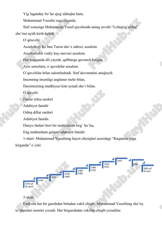 ko`rsatilgan sababni isbotlovchi misollar keltiring. u. fikringizni umumlashtiring. 6-shart. bunda o`quvchilar ijrosida “uch o`gil va bir qiz” rivoyati sahnalashtiriladi. 7-shart. guruhlardan vakillar chiqib muhammad yusuf ijodi bo`yicha “bahru bayt” o`ynaydilar. so`ng barcha ballar jamlanadi. g`olib guruh aniqlanadi. g`olib guruh o`quvchilari a’lo baholar bilan baholanadi va muhammad yusuf yaxshi ko`rgan “lolaqizg`aldoqlar” bilan rag`batlantiriladi. aziz o`quvchilar, mana darsimiz ham yakuniga yetib bormoqda. kelinglar, muhammad yusufga ta’rif beramiz. m-maqtovga loyiq shoir u-ulug` zot h-har tomonlama yetuk a-armonga aylangan shoir m-mard inson m-millat faxri a-avliyolar avliyosi d-donolar donosi y-yetuk inson u-unutilmas yulduz s-sohir qalam sohibi u-ulkan iste’dod egasi f-fidoiy inson o`qituvchi: demak, o`quvchilar muhammad yusufni qancha ta’riflasak shuncha oz. darsimizning so`nggida, o`quvchilar, bir zum shoir xotirasini yodga olaylik. “millatning dardiga darmon shoirim, endi o`z xalqiga armon shoirim. yo`q, sening o`lganing yolg`on shoirim. nahot ajal yo`lin bo`lmaydi to`sib, qandoq ketib qolding, muhammad yusuf?”,-deb o`qituvchi muhammad yusuf portreti tushirilgan rasmga gul qo`yadi. bundan so`ng, o`quvchilar ham …
