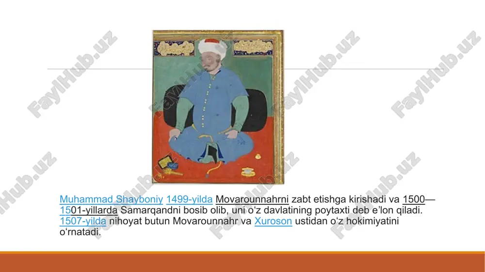 nihoyat butun movarounnahr va xuroson ustidan oʻz hokimiyatini oʻrnatadi. 1510-yilda muhammad shayboniy qoʻshinlari marv yaqinida eron shohi ismoil i safaviy tomonidan magʻlubiyatga uchragan va uning oʻzi ham oʻldirilgan. xvi asrning 2-yarmida shayboniylar davlati hududida shirin, kerayit, qatagʻon, olchin, xitoy, ming, bahrin, jaloyir, oʻtarchi, qangʻli, qoʻngʻirot, datura, qushchi, mojar, kenagas kabi oʻzbek qabilalari qayd etilgan[2]. shayboniylar sulolasining so‘nggi hukmdori pirmuhammadxon ii esa yuzaga kelgan anarxiyaga bardosh bera olmagan va tez orada o‘zaro kurashda halok bo‘lgan. shaybon (xiii-asr) abdulxayr-xon (1428 - 1468) shayboniy-xon (1468 - 1510) samarqand koʻchkunchi-xon (1510 - 1531) abu saidxon (1531 - 1534) abdulla i (1534 - 1539) buxoro ubaydalla-xon (1512 - 1539) davlat birlashish abdulla-xon i (1539 - 1540) abdullatif (1540 - 1552) navroʻz ahmad (1552 - 1556) samarqand pirmuhammad i (1556 - 1561) iskandar-sulton (1561 - 1583) buxoro abdulla-xon ii (1556 - 1598) abdulmoʻmin (1598) pirmuhammad ii (1598) 10 etiboringiz uchun raxmat! image2.jpeg image3.png image4.jpeg