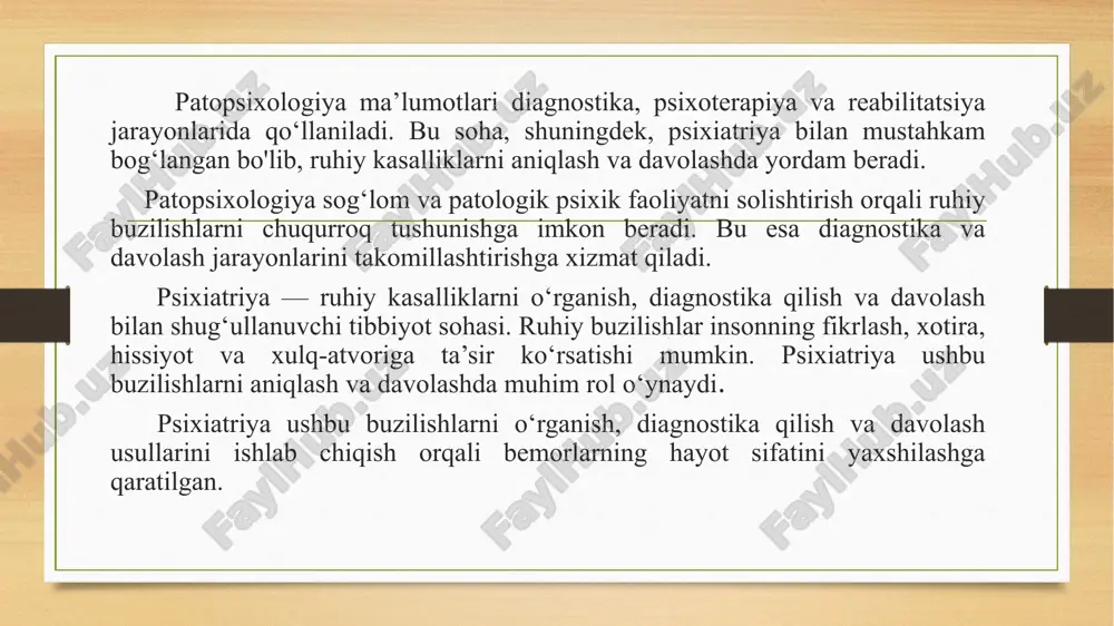 asi bo‘lib, inson bosh miyasining zararlanishi yoki uning yetarli darajada rivojlanmaganligi natijasida kelib chiqadigan ruhiy buzilishlarni o‘rganadi. u sezgi, idrok, xotira, tafakkur, xayol, malaka, ko‘nikma, hissiyot va iroda kabi ruhiy jarayonlarning buzilishini psixologik jihatdan tahlil qiladi. psixiatriya esa klinik tibbiyot sohasi bo‘lib, psixik kasalliklarning kelib chiqish sabablari, belgilari va rivojlanish mexanizmlarini o‘rganadi, ularning oldini olish, davolash va bemorlarga tibbiy yordam ko'rsatishni tashkil etish usullarini ishlab chiqadi. patopsixologiya va psixiatriya ruhiy salomatlikni o‘rganish va davolashda bir-birini to‘ldiruvchi fan sohalaridir. ularning o‘xshashliklari va hamkorligi quyidagi jihatlarda namoyon bo‘ladi: o‘xshashliklar: ruhiy buzilishlarni o‘rganish: ikkala soha ham ruhiy buzilishlarni o‘rganadi. patopsixologiya inson bosh miyasining zararlanishi yoki yetarli darajada rivojlanmaganligi natijasida kelib chiqadigan ruhiy kasalliklarni o‘rganadi, psixiatriya esa psixik kasalliklarning kelib chiqish sabablari, belgilari va rivojlanish mexanizmlarini tadqiq qiladi. diagnostika va davolash: ikkalasi ham kasalliklarning diagnostikasi va davolashida ishtirok etadi. psixiatriya ruhiy kasalliklarni aniqlash va davolashda patopsixologik test va usullardan foydalanadi. hamkorlik: ilmiy tadqiqotlar: ikkala …