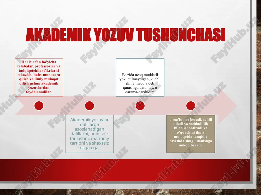 ) va ikkilamchi manbalar (masalan, taniqli ilmiy maqola ). tadqiqot yozuvini yozish bu tashqi axborotni o'z fikrlaringiz bilan sintezlashni o'z ichiga oladi. akademik yozuvning xususiyatlari tananing paragraflari tezkor bayonnomani qo'llab-quvvatlaydi, har bir organning paragrafi bitta qo'llab-quvvatlash nuqtasini ishlab chiqadi. xulosa tezisiga qaytib, asosiy fikrlarni umumlashtiradi va qog'ozning natijalarini keltirib chiqaradi. har bir jumla va paragraf mantiqiy ravishda ochiq-oydin dalillar taqdim etish uchun keyingi bilan bog'lanadi. dalillarga asoslangan dalillar . akademik yozuv yaxshi ma'lumotga asoslangan argumentlarni talab qiladi. ma'ruzalar ilmiy manbalardan (tadqiqot maqolasi kabi) yoki asosiy matndan olingan takliflar (adabiy tahlillar inshomlari kabi) bilan tasdiqlanishi kerak. dalillardan foydalanish dalillarga ishonchni beradi. imonsonal ohang . akademik yozuvning maqsadi, mantiqiy dalilni ob'ektiv nuqtai nazardan etkazishdir. akademik yozuvlar his-tuyg'ularga, yovuzlikka yoki boshqa tilga tarjima qilingan tilga to'sqinlik qiladi. fikringiz bilan shaxsan rozilik berasizmi yoki rozi bo'lmasangiz ham, uni qog'ozda aniq va xolisona taqdim etishingiz kerak. etiboringiz uchun rahmat! image3.jpg image5.jpeg image6.jpeg image4.jpeg /docprops/thumbnail.jpeg