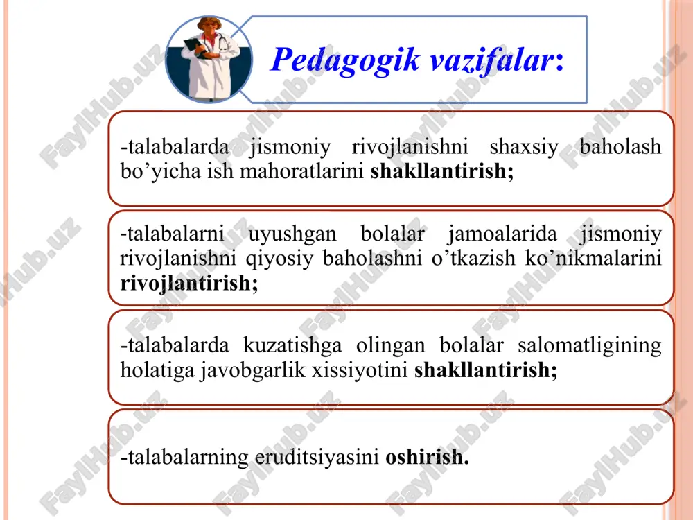 ak qafasi aylanasi (kqa); 2.fiziometrik ko’rsatkichlar- mushaklar kuchi, o’pkaning tiriklik sig’imi, a/b (arterial bosim) qiymati, puls tezligi, teri osti yog’ qavatining qalinligi; 3.somatoskopik ko’rsatkichlar - skeletning holati, badan terisining holati, doimiy tishlarning soni, jinsiy rivojlanish formulasi. 1.somatometrik ko’rsatkichlar antropometrik ko'rsatkichlarni aniqlash yoki tekshirish dasturini tanlash tekshiriluvchi yosh kontingentlarga bog’lik. odatda qator antropometrik ko'rsatkichlardan asosiylari tanlab olinadi. bolaning bo’yi yog’ochli yoki temirli bo’y o’lchagichda aniqlanadi. o’lchashlarning ertalabki soatlarda o’tkazilishi kerak. o’lchash vaqtida bo’y o’lchagichning vertikal taxtasiga bola tanasining quyidagi qismlari tegib turishi kerak: kurak oraligidagi umurtqa pog’onasi, dumba sohasi, tovonlar; bosh biroz oldinga egilgan holda bo’ladi. bolaning bo’yini o’lchash vazn tibbiy tarozi yordamida aniqlanadi. bolaning yoshini hisobga olgan holda (bola nonushta qilgan bo’lishi shart- tahminan -0,3 kg) olingan qiymatlardan (ovqat uchun - 0,3 kg), kiyimlardan (yil fasllariga muvofiq -0,3-0,5 kg) va vazndan esa -0,5 kg (yozda) - 1 kg (qishda) olib tashlanadi. bolaning vaznini o’lchash kqa santimetrli tasma yordamida aniqlanadi, buning …