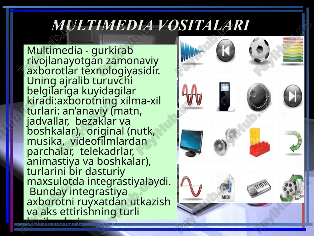 asosida zamonaviy bilim olishlari uchun keng sharoit yaratib beradi. bugungi kunda matnlar va matematik formulalarni kayta ishlash uchun odatiy tusga aylangan tovush va tasvirning kompyuterli kayta ishlash imkoniyatining paydo bulishi, shubxasiz, butun insoniyat faoliyatiga tasir kursatadi. multimedik tizimlarini kurish uchun foydalanilaetgan kompyuterning xisoblash kuvvatini oshirishgina etarli emas, buning uchun kushimcha apparatli kullab-kuvvatlash analogli audio va videosignallarni rakamli ekvivalentga kushish va uning teskarisi uchun zarur bulgan analogli-rakamli (aru) va rakamli-analogli uzgartirgich (rau) videoprostestorlar, dekoderlar maxsus integral chizmalar va boshkalar xam zarur. multimedia vositalari multimedia — bu kompyuter texnologiyasining turli xil fizik ko’rinishta еga bo’lgan (matn, grafika, rasm, tovush, animaciya (xayvonlar tasviri), video va sh.o’.) va turli xil tashuvchilarda mavjud bo’lgan (magnit va optik disklar, audio- va video-lentalar va h.k.) axborotdan foydalanish bilan bog’liq soxasidir. multimedia (multimedia — ko’p muxitlilik) vositalari bu apparat va dasturlar to’plami bo’lib, u insonga o’zi uchun tabiiy bo’lgan juda turli-tuman muxitlarni: tovush, video, grafika, matnlar, animaciya va …