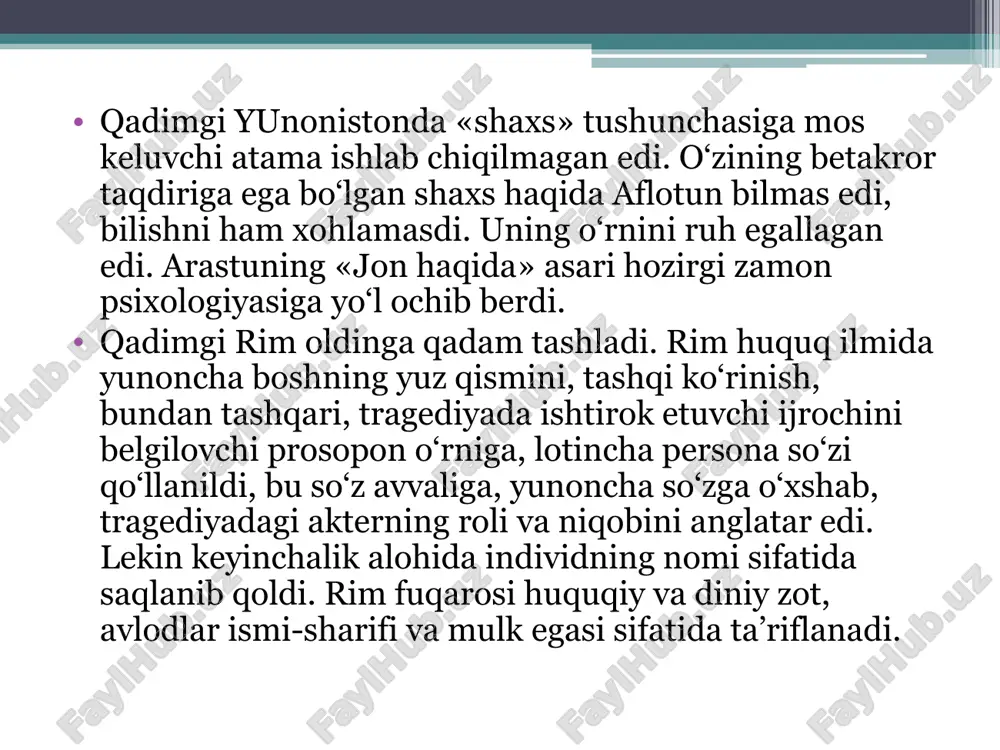 mal shaxsni yaxlit holda ta’riflash uchun juda qisqa va yetarli emas. bunday aniqlash turiga turli sharoitlarda aniq ifodalanuvchi, doimo ijobiy, «mutanosib» bo‘lgan shaxs xususiyatlari kiritilmagan edi. bularga misol qilib, layoqatlar, axloqiy sifatlar va boshqa shaxs xususiyatlarini keltirish mumkin. xx asrning dastlabki o‘n yilliklariga kelibgina, shaxs, ungacha inson holatlari va bilish jarayonlarini tadqiq etish bilan shug‘ullanayotgan psixologlar tomonidan o‘rganila boshladi. xx asrda psixologiyada tajriba tadqiqotlari jadal olib borilgani uchun, ularga farazlarni aniq tekshirish va asoslangan faktlarga ega bo‘lish maqsadida ma’lumotlarni matematik-statistika usulida hisoblash qo‘llanildi. shu asosda, psixologlar uchun uzoq yillar davomida mutanosib shaxsni tadqiq etishning ishonchli va valid test metodlarini ishlab chiqish birinchi navbatdagi vazifa bo‘lib qoldi. shaxsga tegishli bo‘lgan nazariyalar va konsepsiyalarni tasniflashga nisbatan yondashuvlarning turli xillari mavjud. r.s.nemov shaxsga doir nazariyalarning 48 tasini keltiradi, ularning har biri tasniflashga asos bo‘ladigan besh ko‘rsatkich bo‘yicha baholanishi mumkin. xulq-atvorni tushuntirib berish usuli; shaxs haqida ma’lumotlarga ega bo‘lish usuli; shaxsga burchak ostidan qarash; …