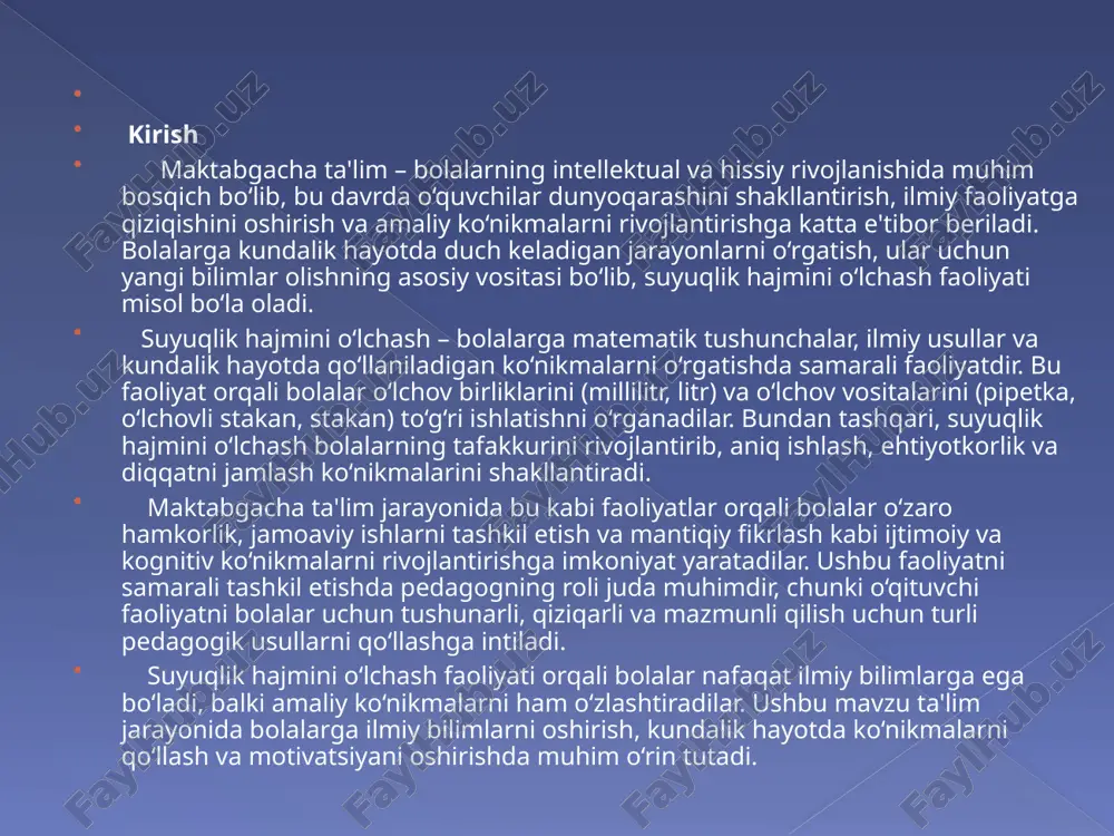 aniq o‘lchov vositasi bilan to‘ldirib, chizib chiqish lozim. 4. suyuq moddani vaqt orqali o‘lchash agar sizda suyuqlikni quyayotgan doimiy oqimga ega vosita (masalan, tomizgich yoki suv purkagich) bo‘lsa, biror ma’lum vaqtda qancha suyuqlik chiqishini bilsangiz, so‘ng vaqtdan foydalanib hajmni taxmin qilsangiz bo‘ladi. masalan: "bu quvur 10 soniyada 100 ml suv chiqaradi 5. suyuqlikni og‘irlik orqali hisoblash agar sizda tarozi bo‘lsa, suvning zichligi 1 g/ml ga yaqin. demak, 250 grammlik suv — taxminan 250 ml bo‘ladi. boshqa suyuqliklar uchun zichlikni hisobga olish kerak. 2.3.faolyatning boorish bosqichlari: maqsad: bolalar suyuqlik hajmini o‘lchashni amaliy ravishda o‘rganadilar. bolalar suyuqliklarni ko‘z bilan taqqoslash va o‘lchash orqali turli o‘lchov birliklari haqida ma'lumotga ega bo‘ladilar. kerakli materiallar: suyuqliklar (suv, sharbat, yoki boshqa biror suyuqlik) o‘lchov idishlari (stakan, piyola, pipetka) o‘lchov birliklari (millilitr, litr) o‘lchash kartochkalari yoki chizmalar aralashma uchun idishlar faolyatning bosqichlari: kirish: bolalarga suyuqliklar va ularning hajmini o‘lchash haqida qisqacha tushuncha berish. o‘lchov birliklari haqida qisqacha …
