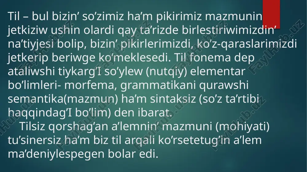 ykarinan g.shteyntal ta’liymatindag’i en’ a’hmiyetli ideasi so’ylewdin’ (nutq) individual akti insannin’ ha’reketinen, social procesinen ajiralg’anlig’i edi. onin’ ta’liymati to’mendegi jumislarinan bayan etiledi: “tillarning tasnifi til g’oyasinin’ taraqqiyoti sifatida”(1850), “tilning paydo bo’lishi”(1851), “grammatika, mantiq va psixologiya”(1855), “til qurilishining eng muhim tiplari xarakteristikasi”(1860), “psixologiya va tilshunoslikka kirishish”(1871), “humboldtning tilshunoslikka oid asarlari va gegel falsafasi”(1848), “falsafa, tarix, psixologiya va ularning o’z aro munosabati”(1863) h.t.b. psixologizm tilde tek oylaw (tafakkur) qurali ha’m pikirdi jetkerip beriwshi sipatinda belgileydi. til psixik koncepciyanin’ qa’teligi ko’rinisler (tasavvurlar) rolinin’ asirip jiberiliwi, tu’sinikler rolinin’ bolsa kemeytiriliwi. psixologizm tildin’ social ha’diyse ekenligin biykarlaydi. itibarin’iz ushin raxmet image6.jpg image7.jpg image8.jpg image9.jpg image13.jpg image14.jpg image15.jpg image19.jpg image17.jpg image20.jpg image2.png image3.png image4.png image5.png /docprops/thumbnail.jpeg