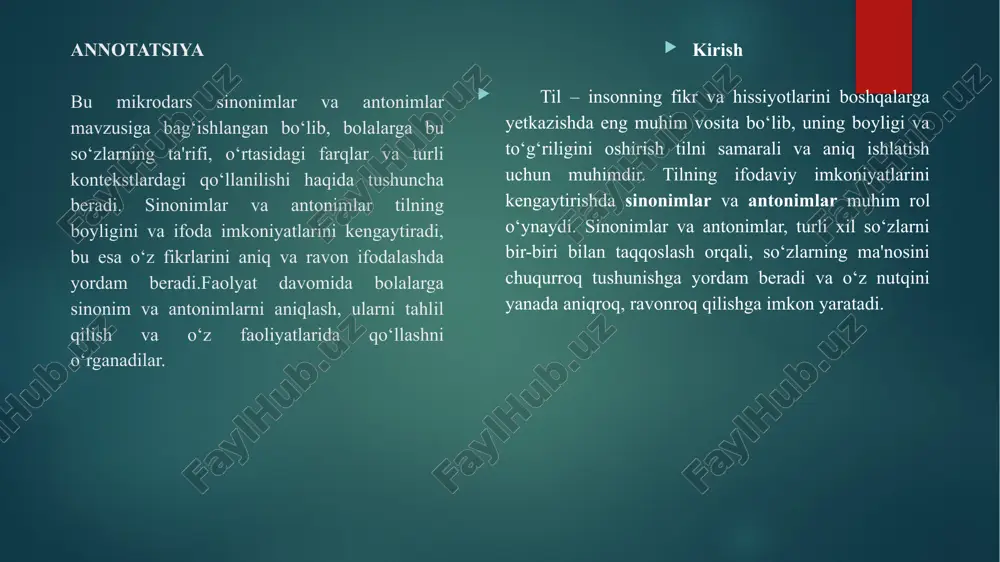huntirish. bolalarning faollashtirish: bolalarga amaliy mashqlar berish: sinfdoshlar bilan ishlashda sinonimlar va antonimlarni izlash. interaktiv mashq: onlayn test yoki viktorina orqali o‘quvchilarni mavzu bo‘yicha sinovdan o‘tkazish. yozma ish: bolalarga yaratish va yozishda sinonimlar va antonimlardan foydalanishni topshirish. faolyatni yakunlash: faolyat asosiy nuqtalarini eslatib, o‘quvchilarga yakuniy xulosa chiqarish. bolalarga mavzu bo‘yicha mustaqil ishlar yoki uy vazifalari berish. pozitiv fikrlarni bildirish: o‘quvchilarni faol ishtirok etishga undash, ular har bir to‘g‘ri javobni yoki har bir muvaffaqiyatni minnatdorchilik bilan qabul qilish. .4. rag‘batlantirish usullari tabriklash va maqtov: bolalarning to‘g‘ri javoblarini va yaxshi ishlarini yuqori baholash, ularni maqtash. masalan, "ajoyib javob, juda to‘g‘ri ishladingiz!" yoki "sizning javobingiz juda mukammal, davom eting!". qo‘lni ko‘tarmoq: bolalarning to‘g‘ri javob berganida yoki yaxshi ishlaganida qo‘llab-quvvatlash, ularning o‘ziga bo‘lgan ishonchini oshirish. pozitiv fikrlarni bildirish: bolalarning faol ishtirok etishga undash, ular har bir to‘g‘ri javobni yoki har bir muvaffaqiyatni minnatdorchilik bilan qabul qilish. 2. material yoki resurslar bilan rag‘batlantirish sertifikatlar yoki …