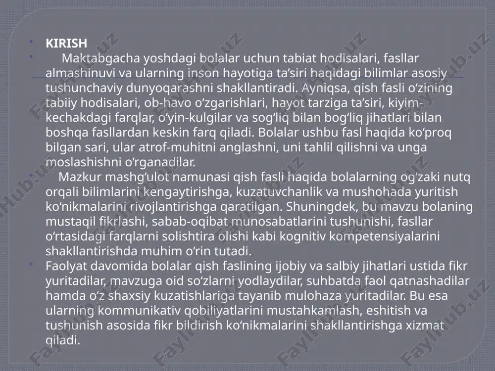da o‘zini paydo qilgan: dumaloq boshi, kulgili burni va ko‘zlari tugmachadek porlab turar ekan. qorbola qishki bog‘da bolalar bilan o‘ynab, baxtiyor bo‘lib yurarkan. har kuni chang‘ida uchganlarni kuzatar, qor to‘p o‘ynayotgan bolalarga tabassum qilarkan. bir kuni tongda quyosh ko‘kka chiqib, iliq nur sochibdi. qorbola birdan issiqlikni his qilibdi. — voy, men erib ketaman-ku! — debdi u xafa bo‘lib. shu payt bulut kelib, quyoshni biroz to‘sibdi va shamol shivirlabdi: — xavotir olma, qorbola! sen hali bolalar bilan anchagina vaqt o‘ynaysan! quyosh esa tabassum qilib: — men sening do‘stingman, lekin bahor kelganda sen yerga singib, gullarga hayot bo‘lasan! qorbola o‘ylabdi: — demak, men har doim bor bo‘la olmasam ham, tabiatga foydam tegarkan! shunday qilib, qorbola qish bo‘yi quvonch ulashibdi. bahor kelganida esa u erib, gullarga, daraxtlarga hayot bergan suv bo‘libdi. ertakdan o‘rnak: har narsaning o‘z fasli, o‘z vaqti bor do‘stlik, tabiatga mehr, yaxshilik qilish – muhim fazilatlar qorbola vaqtinchalik bo‘lsa ham, quvonch …