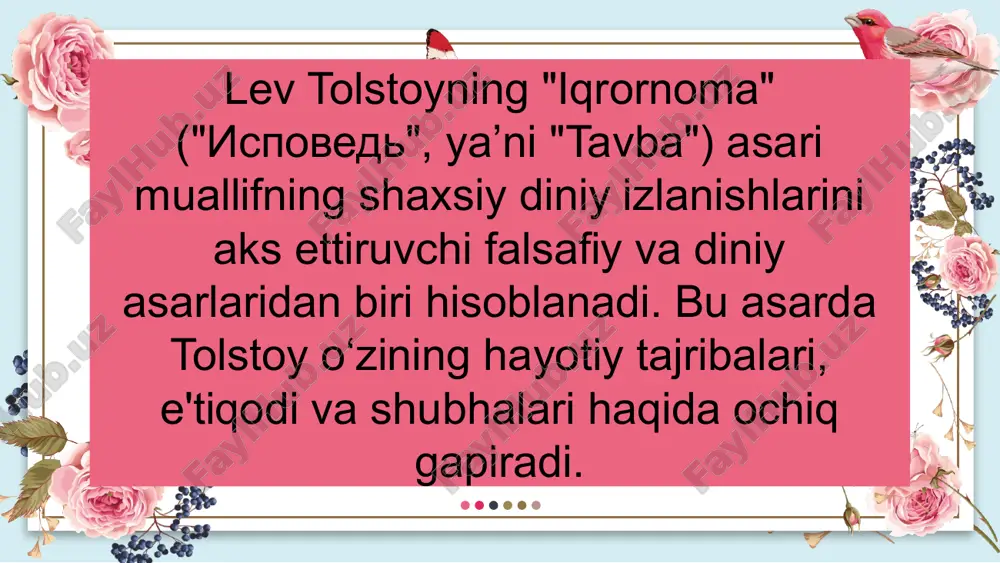 lsafiy asar, balki inson hayoti va axloqiy qadriyatlar haqidagi chuqur falsafiy tafakkurning mahsuli sifatida ham ahamiyatlidir. savollar 4. tolstoyning e’tiqodi uning hayotiga qanday ta’sir qilgan? 3. asarda hayot ma’nosi qanday tushuntirilgan? 2. u nega pravoslav cherkovini tanqid qiladi? 1. tolstoy “iqrornoma”da qanday diniy inqirozni ko‘rsatadi? thank you for watching e'tiboringiz uchun rahmat! image9.png image1.png image2.png image3.png image4.png image5.png image6.png image7.png image8.png image14.png image10.png image11.png image12.png image13.png image15.jpeg image16.jpeg image17.jpeg image18.jpeg image19.jpeg image20.jpeg image21.jpeg image22.png