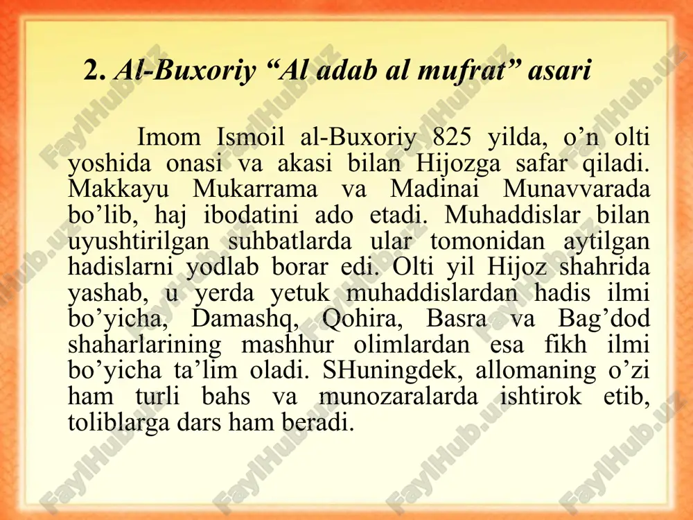 nmaydigan hadislar kiritilgan. bu kitob islom ta’limotida qur’oni karimdan keyingi asosiy manba hisoblanadi. islom dini insonni ma’naviy kamolot sari yetaklovchi ta’limotdir. shu sababli qur’oni karimda ham, hadislarda ham yaxshi xulq-odob qoidalari va ularga kishilarning qat’iy amal qilishlari lozimligi borasidagi qarashlar keng targ’ib etilgan. imom ismoil al-buxoriyning “al-jome’ as-sahih” asarining bir jildiga odob-axloq masalalarini yorituvchi hadislar jamlangan bo’lsa, “al-adab al-mufrad” (“adab durdonalari”) nomli asarda ham ijtimoiy turmushda hamda insonlar o’rtasida o’zaro munosabatlarni tashkil etish chog’ida amal qilinishi lozim bo’lgan odob-axloq qoidalari borasida yanada batafsil ma’lumotlar berilgan. ushbu asar 644 bobda bayon etilgan 1322 ta hadisni o’z ichiga olgan. e’tiboringiz uchun rahmat d0ntcr image9.svg image10.png image1.jpeg image2.png image3.png image4.svg image5.png image6.png image7.svg image8.png image11.jpeg image12.jpeg image13.jpeg image14.png image15.jpeg image16.jpeg image17.jpeg image18.jpeg image19.jpeg image20.jpeg image21.jpeg image22.jpeg image24.png image25.svg image23.png /docprops/thumbnail.jpeg