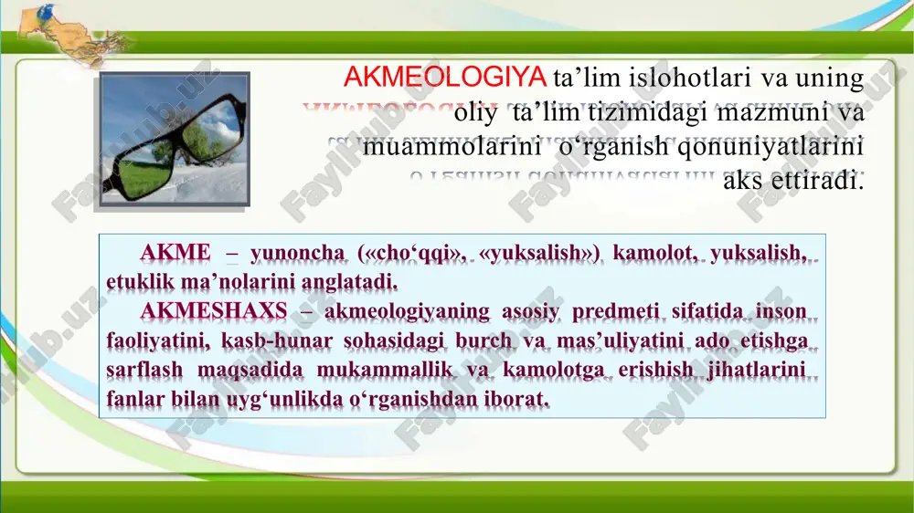 istotel, misolida insoniyat taraqqiyotining bosqichma- bosqich rivojlanishi jarayonida har bir bosqichda o‘ziga xos yangi-yangi cho'qqilar, muvaffaqiyatlar va komillik sari intilishlarning yoritilishi. markaziy osiyo mutafakkirlari nizomulmulk, abu nasr forobiy, ibn sino, abu rayhon beruniy, muhammad g ‘azzoliy, ahmad yassaviy, najmiddin kubro, amir temur, bahouddin naqshband, alisher navoiy, husayn voiz koshifiylarning asarlarida insondagi kasb-hunar fazilati tug‘ma emasligi haqidagi g‘oyalar. g‘arb tarixiy tafakkurida akmeologik nazariyalar. zamonaviy psixolog, pedagog va faylasuf olimlar tomonidan akmeformni o‘rganish va tahlil qilish, ijodiy kasbiy mahorat hamda professionalizmni rivojlantirish uchun optimal texnologiyalar yaratishning yangicha shaklining ilgari surilishi. pedagogik akmeologiyaning fan sifatida yuzaga kelish tarixi rossiyada 1928-yili n.a.ribnikov akmeologiya atamasini “voyaga etgan insonlarning rivojlanishi” haqidagi fan deb atashni taklif qiladi. xx asr o‘rtalarida b.g.ananev odam haqidagi fanlar tizimida akmeologiyaning o‘rnini aniqlab beradi. xx asrning 90-yillarida a.a.derkach va a.a.bodalev rahbarligida rossiya davlat xizmati akademiyasida (rossiya federatsiyasi prezidenti huzurida) birinchi akmeologiya va kasbiy faoliyat psixologiyasi kafedrasi tashkil qilinadi. 1992-yili rossiya ta’lim akademiyasi …