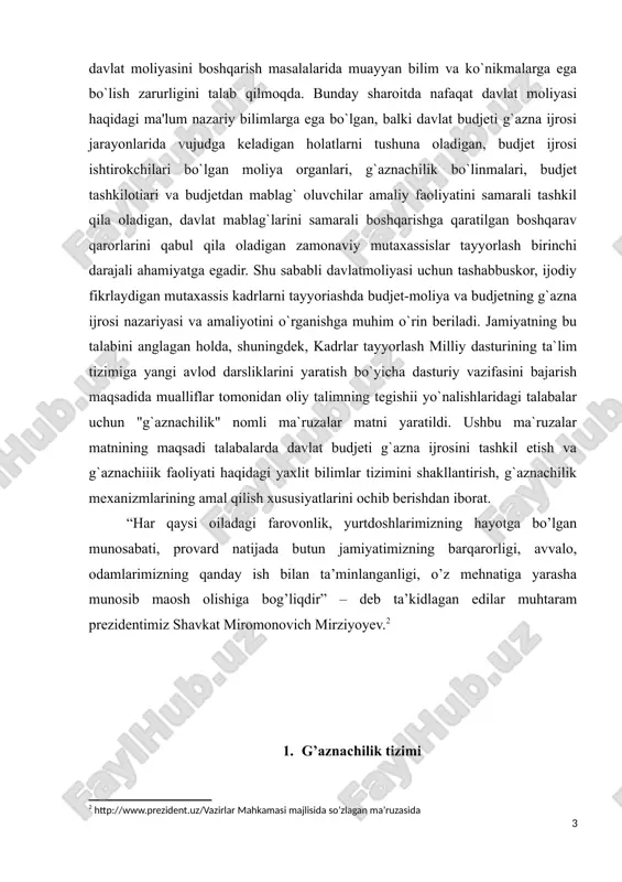 xususiyatlarini ochib berishdan iborat. “har qaysi oiladagi farovonlik, yurtdoshlarimizning hayotga bo’lgan munosabati, provard natijada butun jamiyatimizning barqarorligi, avvalo, odamlarimizning qanday ish bilan ta’minlanganligi, o’z mehnatiga yarasha munosib maosh olishiga bog’liqdir” – deb ta’kidlagan edilar muhtaram prezidentimiz shavkat miromonovich mirziyoyev.[footnoteref:2] [2: http://www.prezident.uz/vazirlar mahkamasi majlisida so’zlagan ma’ruzasida] 1. g’aznachilik tizimi g‘aznachilikni tashkil etish ishlari o‘zbekiston respublikasi vazirlar mahkamasining “davlat moliyasini boshqarishni isloh qilish” loyihasini amalga oshirishga tayyorlanish chora-tadbirlari to‘g‘risida” 2002 yil 26 apreldagi 144-son qarori qabul qilinishi bilan boshlandi.ushbu qarorda 3ta budjet tashkiloti mavjud bo’lib ular toshkent shahar budjeti tashkil topgan. o‘zbekiston respublikasi oliy majlisi tomonidan 2004 yil 26 avgustda “davlat byudjetining g‘azna ijrosi to‘g‘risida”gi qonun qabul qilinishi g‘aznachilikning tashkil etilishida va davlat byudetining g‘azna ijrosi joriy etilishida muhim bosqichlardan biri bo‘ldi. qonun 2006 yil 1 yanvardan boshlab kuchga kirdi. davlat byudjeti g‘azna ijrosining ayrim elementlarini tajriba shaklida joriy etish 2005 yil 1 iyundan boshlab toshkent shahrida va samarqand viloyatida boshlandi. byudjetning …