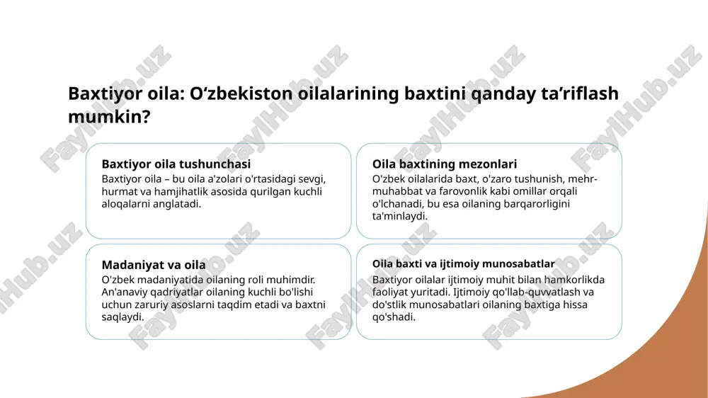 oilani birlashtiradi va mustahkamlaydi. bu, oila ichidagi munosabatlarni yaxshilaydi va baxtiyor oilalar yaratadi. oila barqarorligini ta'minlashda ijtimoiy va iqtisodiy faktorlar. 1 ijtimoiy omillar oila barqarorligini ta'minlashda ijtimoiy omillar muhim ahamiyatga ega. oila a'zolarining ijtimoiy aloqalari, qo'llab-quvvatlash tarmog'i va hamjihatlik barqarorlikni oshiradi. 2 iqtisodiy sharoit oila barqarorligini ta'minlashda iqtisodiy sharoitlar, masalan, daromad darajasi va ish bilan ta'minlash muhim rol o'ynaydi. ular oilaning farovonligini aniqlaydi. 3 ta'lim va madaniyat ta'lim va madaniyat, oiladagi qadriyatlarni shakllantiradi. o'zbek madaniyatidagi an'analar va ta'lim, barqaror oila uchun zarur asoslarni yaratadi. oila barqarorligini oshirish uchun samarali muloqot usullari. oila ichki muloqoti oila ichida ochiq va samimiy muloqot, hissiyotlar va fikrlarni erkin ifoda etishga imkon beradi, bu esa oilaviy munosabatlarni mustahkamlaydi. muloqotning ahamiyati muloqot oilada muhim rol o'ynaydi, chunki u tashvishlarni va muammolarni hal qilishda yordam beradi, oilaviy tinchlikni ta'minlaydi. zamonaviy texnologiyalar zamonaviy texnologiyalar, masalan, telefon va ijtimoiy tarmoqlar, oilaviy muloqotni osonlashtiradi va uzoqda bo'lgan a'zolar bilan bog'lanishni …