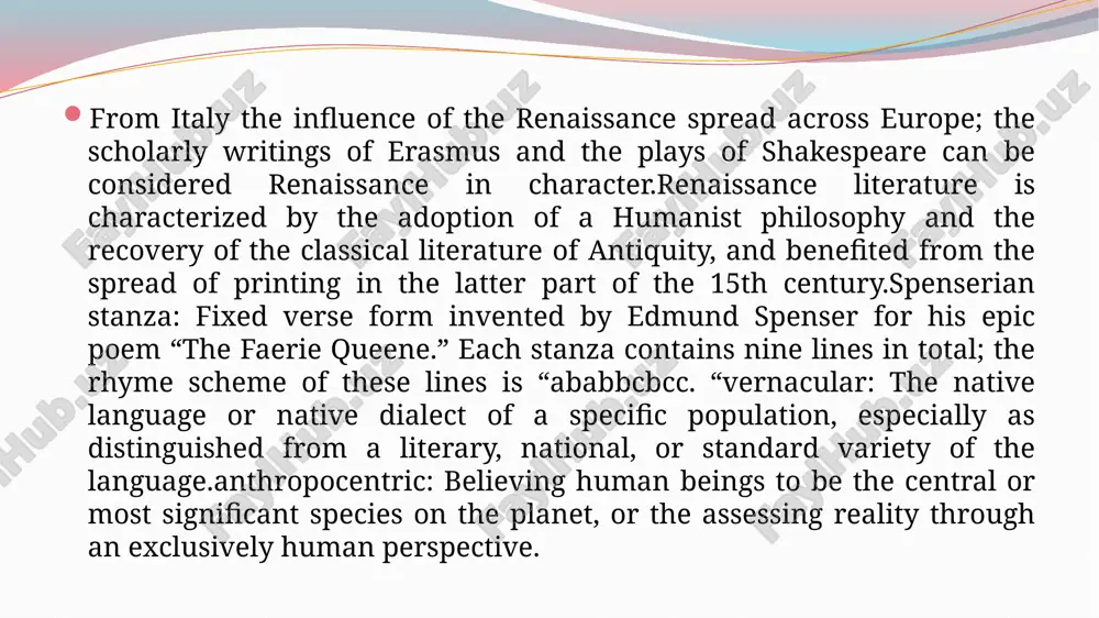 the renaissance was written within the general movement of the renaissance that arose in 13th century italy and continued until the 16th century while being diffused into the western world. it is characterized by the adoption of a humanist philosophy and the recovery of the classical literature of antiquity and benefited from the spread of printing in the latter part of the 15th century. for the writers of the renaissance, greco-roman inspiration was shown both in the themes of their writing and in the literary forms they used. the world was considered from an anthropocentric perspective. platonic ideas were revived and put to the service of christianity. the search for pleasures of the senses and a critical and rational spirit completed the ideological panorama of the period. new literary genres such as the essay and new metrical forms such as the sonnet and spenserian stanza made their appearance.the creation of …