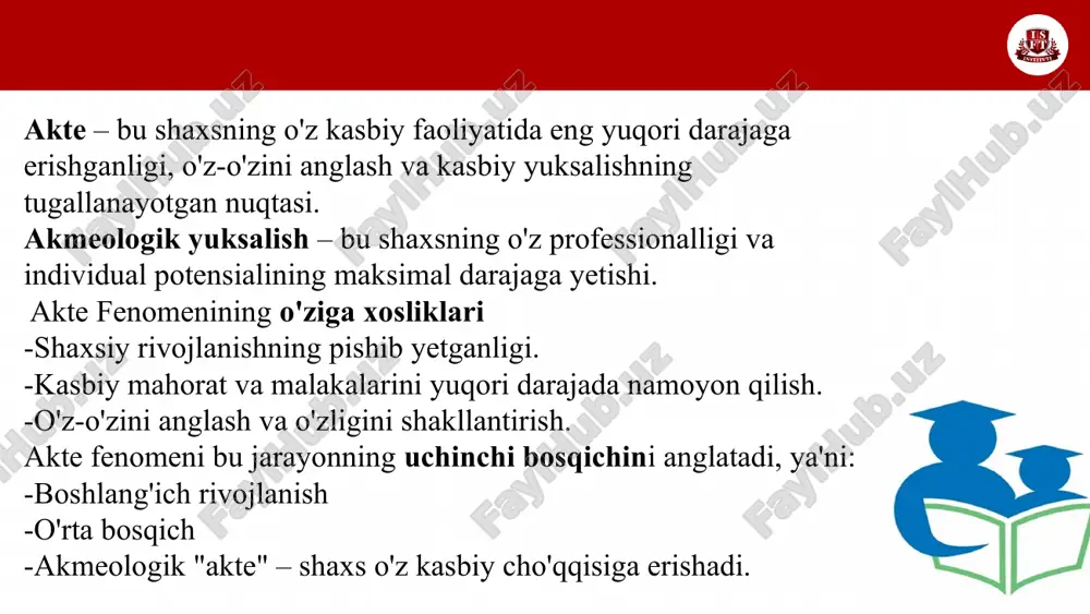 sifatida qaralishi mumkin. kasbiy faoliyat samaradorligining ko‘rsatkichlari quyidagilar: jarayonga xos ko‘rsatkichlar: kasbiy faoliyat vazifalarining turli-tumanligi; ijtimoiy talablarga moslashuvchan, qulay texnologiyalardan foydalanish; kasbiy faoliyat sub’ektining shakllanganligi (kishining maqsad qo‘ya olishi, anglashi, faoliyatni boshqara olishi); kasbiy faoliyatda deformatsiyalarning mavjud emasligi (maqsad, zveno va operatsiyalarni o‘tkazib yubormaslik); o‘tmish tajribaga asoslanish va o‘zining shaxsiy tajribasiga ega bo‘lish; aniq faoliyat turlarini egallash, ixtisoslashuv; bir necha oraliq faoliyat turlarini egallash, universallik); ixtisoslik talablariga mos keladigan bilim, ko‘nikma va malakalarni egallash. 1.natijaviy ko‘rsatkichlar: -maqsadga muvofiqlik, natijalarning dastlabki maqsadlarga mosligi, samaradorlik; -mahsuldorlik, mehnat predmetini o‘zgartirishda namoyon bo‘ladigan natijalar; -tejamkorlik, manbalar, vaqt va ishchi kuchidan minimal darajada foydalanish; -qulaylik, mazkur sharoitda eng yaxshi natijalarga erishish uchun minimal darajada vaqt va kuch sarf qilish; -yuksak namunalarga mos keladigan faoliyat usullarini o‘zlashtirish va natijalarga erishish; -yangi vazifalar qo‘yish, nostandart texnologiyalarni topish, umuman yangi mahsulot yaratish, shakllangan tajribalardan chetga chiqish (kasbiy ijod, yangiliklar yaratish). professional muloqotning rivojlanganlik ko‘rsatkichlari: hamkorlikda, jamoa bo‘lib bajariladigan …