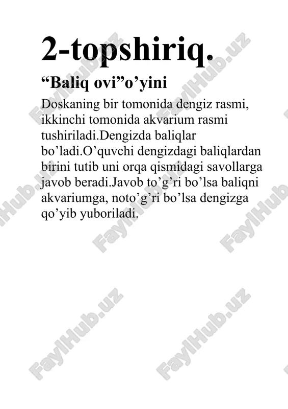 a y t a r i sh 18-topshiriq “baliq skeleti” bunda skelet bo’ylab biron reaksiya jarayonlari kiritiladi. ssss 19-topshiriq. “mini test” 1.vodorodni kim kashf qilgan? a.avogadro b.sheele c.kavendish 2.moddalar yo’qdan bor bo’lmaydi, bordan yo’q bo’lmaydi, faqat bir turdan ikkinchisiga o’zgaradi.? a.avogadro qonuni b.massaning saqlanish qonuni c.karrali nisbatlar qonuni 20-topshiriq “formula tuzish” kartochkalarda elementlar chalkashtirib beriladi, o’quvchilar ularni taxlab formula tuzishlari kerak bo’ladi. · masalan: cl n o h j br na s 11-topshiriq “kim bilimli”o’yini. o’yin barcha sinfga ta’lluqli,u o’tilgan bobni takrorlash maqsadida qo’llaniladi.o’yinni tartibi:o’quvchilar doira hosil qilib turadilar.o’quvchi o’zining o’ng tomonidagi sinfdoshuga bir moddaning nomini aytadi,sinfdoshi esa tezlik bilan shu moddaning xosalari va ishlatilishini qisqa qilib so’zlaydi va u ham o’z navbatida o’ng tomonidagi sinfdoshiga bir moddaning nomini aytadi.o’yin shuntarzda davom etadi.o’yin safga bir kishi qolguncha davom etadi. 12-topshiriq. “baliq ovi”o’yini doskaning bir tomonida dengiz rasmi, ikkinchi tomonida akvarium rasmi tushiriladi.dengizda baliqlar bo’ladi.o’quvchi dengizdagi baliqlardan birini tutib uni orqa …