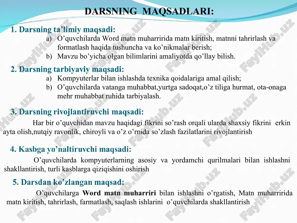 ach, qog'oz o'lchamlari belgilanadi. buning uchun qog'oz o'lchamlari ilovasi tanlanadi. bu ilova orqali sahifaning eni (kengligi) va bo'yi (balandligi) ki-ritiladi, yoki taklif etilgan o'lchamlardan biri tanlanadi. masalan, a4 formatida sahifa kengligi 21 sm, balandligi 29,7 sm, letter fonnatida sahifa kengligi 21,59 sm, balandligi 27,94 sm va hokazo. sahifa o'lchamlari va hoshiyalar o'rnatilgach, sahifa parametrlari muloqot oynasidagi «ok» tugmasi (sichqoncha yordamida) tanlanadi yoki enter klavishi -bosiladi. qog’oz o’lchamlari bo’limi qog’oz turlarini tanlash qolgan sahifalar uchun qog’oz uzatish usulini tanlash qog’oz turiga mos qog’oz enini belgilash birinchi sahifa uchun qog’oz uzatish usulini tanlash qog’oz turiga mos qog’oz bo’yini belgilash sahifa parametrlari tanlangach matn parametrlari (shrift turi, shrift o'lchami, abzas chekinishi, satrlar orasidagi masofa) belgilab olinadi."kerakli shriftni tanlash uchun format menyusiga kirib, shrift... bo'limi tanlanadi. ekranda shrift muloqot oynasi hosil bo'ladi. shrift muloqot oynasida berilgan shrift yozuv shaklidan biri tanlanadi. masalan, times new roman. tanlangan shrift yozuv shakli shriftlar ro'yxatining yuqorisida joylashgan maxsus …