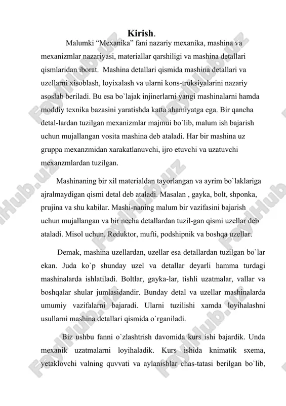 ing ikkinchi bosqich, silindrsimon tishli uzatmasining uzatishlar soni; u4- zanjirli uzatmaning uzatishlar soni; ; =2,52 vallarning burovchi momentlari = *=10,54**mm =26,57*mm =106,2*mm 2.2. reduktorni konussimonuzatmasiningloyiha xisobi. reduktor ikki xil tishli uzatmadan iborat bo’lgani uchun birinchi novbatda konussimon tishli uzatmaning loyixa xisobini bajaramiz.agar reduktor birxil tishli uzatmalardan iborat bo’lsa,birinchi novbatda yetaklanuvchi pog’onadagi tishli uzatmaning loyixa xisobi bajariladi. uzatma g’ildiraklarini tayorlash uchun material tanlanib, ularga termik ishlov berish turi belgilanadi. shesternya uchun po’lat 40x, termik ishlov berish turiyaxshilangan, qatiqqlik hb 270; g’ildirak uchun 40x, termik ishlov berish turi yaxshilangan, qatiqqlik hb 230. tishli uzatmalarda shesternya va g’ildiraklarning mustahkamligini kantakt kuch-lanish bo’yicha, bir xil qilib tayorlash murakkab bo’lganligi uchun, mustahkamlikni chegaralovchi tishli g’ildirak tanlab olinadi. ishlash muddatini xisobga oluvchi koe-ffitsent khl=1.0 bo’lsa, ruxsat etilgan kantakt kuchlanish g’ildirakt uchun aniqlanib, mustahkamlik shunga asosan tekshiriladi. [ϭh]= = = 485 mpa; = 2hb +70 = 2*245+70 = 560 mpa; [] =1.15 – xavfsizlik koeffiset; tashqi konus …