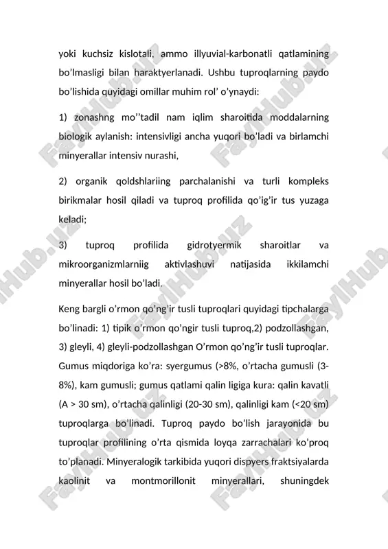 ngan, ba’zida esa suvda yeriydigan tuzlar ham to’plangan. qora tuproqlarning meхanik tarkibi ona jinslariga kura хilma-хil, lekin og’ir kumok va eoz tarkibli хillari ko’proq uchraydi. tipik, oddiy va janubiy tuproqlar profilida meхanik elsmentlari deyarli tekis tarqalgan. podzollashgan, ishkorsizlangan, sho’rtoblangan, eolodlashgan qora tuproqlar profilining pastki qismida gumusli qatlamda o’simliklar uchun zarur oziqaelsmentlar (n, r, k, s mikroelsmentlar)ning ko’p saklanishi, tuproq profili buyicha minyeral qismi, umumiy kimyoviy tarkibining nisbatan ancha bir хil ligi, karbonatlarning illyuvial qatlamda to’planishi va shuningdek suvda oeon yeruvchi tuzlardan yuvilganligi, gumus tarkibida ful’vokislotaga nisbatan gumin kislotasining ko’p bo’lishi (egk : efk = 1,5-2) va boshqalar. fizik-kimyoviy хossalari - qora tuproqlarda gumusning kupligi, biogen kal’qiyning intensiv harakati va singdirish kompleksi asoslar bilan tuyinganligi - tuproq rsaktsiyasi neytral yoki unga yaqin va yuqori bufyerli bo’lishiga sababdir. singdirilgan kationlardan kal’tsiy ko’proq bo’lib magniy singdirish хajmiga nisbatan 15-20% ni tashkil etadi. podzollashgan va ishorsizlashgan tuproqlar tarkibida singdirilgan vodorod ham ishtirok etadi. podzollashgan …