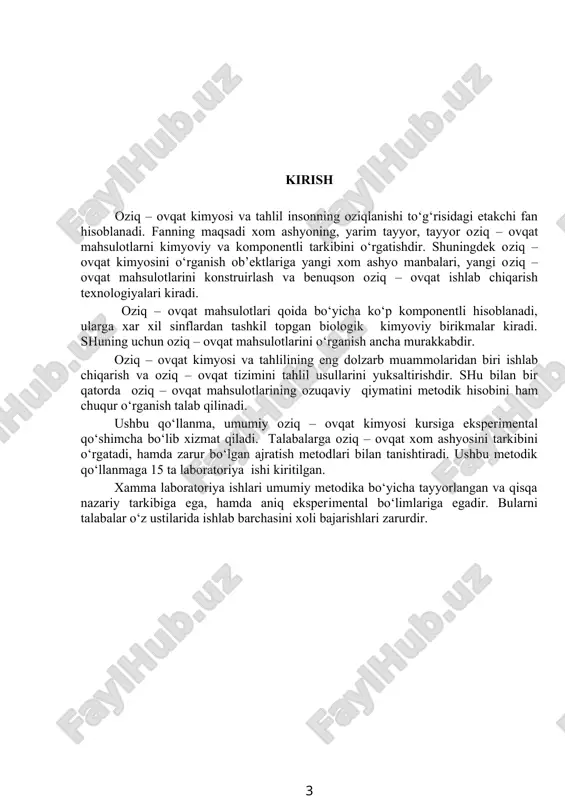 lib xizmat qiladi. talabalarga oziq – ovqat xom ashyosini tarkibini o‘rgatadi, hamda zarur bo‘lgan ajratish metodlari bilan tanishtiradi. ushbu metodik qo‘llanmaga 15 ta laboratoriya ishi kiritilgan. xamma laboratoriya ishlari umumiy metodika bo‘yicha tayyorlangan va qisqa nazariy tarkibiga ega, hamda aniq eksperimental bo‘limlariga egadir. bularni talabalar o‘z ustilarida ishlab barchasini xoli bajarishlari zarurdir. 1 - laboratoriya ishi. oziq-ovqat mahsulotlari tarkibidagi namlik miqdorini aniqlash. ishning maqsadi: namlikni quritish usuli orqali aniqlashni o‘zlashtirish; tekshirilayotgan mahsulotlarda quruq moddalar massa ulushini aniqlash. idish va asboblar: 10 ml xajmdagi byukslar; pipetkalar, doka, analitik tarozi, quritish shkafi, quritgichli eksikator. byukslar pipekalar analitik taroz quritish shkafi quritgichli eksikatorlar suv. suv – hayot manbaidir. inson tanasining 2/3 qismi suvdan tashkil topgan. masalan¸ suvning miqdori qonda - 83%, miyada - 75%, muskullarda – 75%, terida - 72%, suyaklarda – 22% bo‘ladi. hayvonlar organizmini 70% ni suv tashkil topgan. inson suvsiz 2 sutkadan ortiq yasholmaydi, ovqatsiz esa bir necha hafta yashashi …