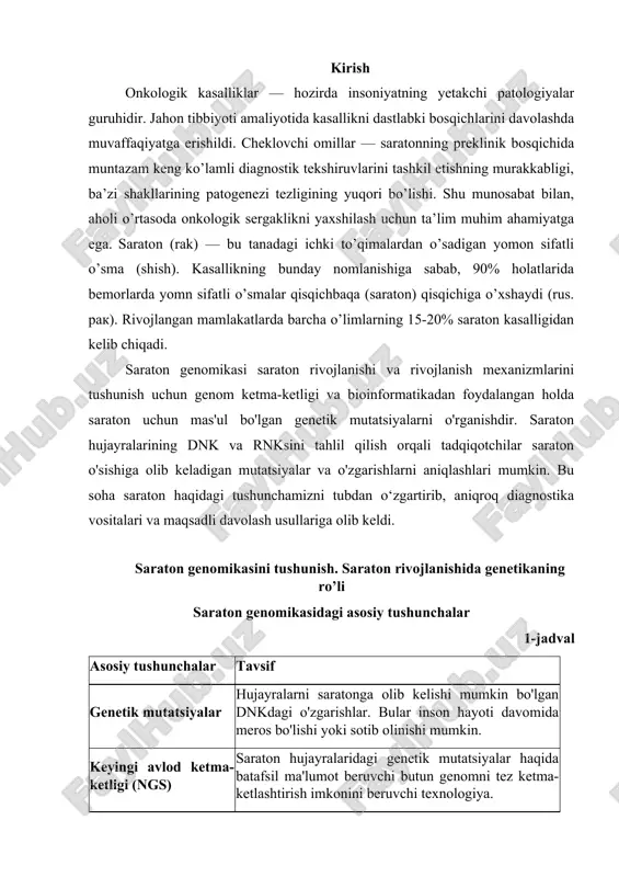 ini boshqaruvchi genlarda sodir bo‘ladi. saraton genomikasi asosan quyidagi asosiy genetik o‘zgarishlarni o‘rganadi: 1. onkogillar: • onkogillar — bu genlar, odatda, hujayra o‘sishini va bo‘linishini rag‘batlantiradi. ularning faoliyati yoki ko‘p miqdorda ifodalanishi saratonni keltirib chiqarishi mumkin. masalan, her2/neu (brast saratonida) yoki egfr (o‘pka saratonida) kabi onkogillar. • mutatsiyalar onkogillarning funktsiyalarini buzishi va o‘sish signalini doimiy ravishda faollashtirishi mumkin. bu saraton hujayralarining kontrolli o‘sishini va metastaz qilishini ta’minlaydi. 2. tumsor suppresser genlar: • tumsor suppresser genlar — bu genlar hujayralarning o‘sishini to‘xtatib, yaroqsiz hujayralarning tarqalishining oldini oladi. ularning nomlaridan biri — tp53 (p53), bu gen saratonni oldini olish funktsiyasini bajaradi. • mutatsiyalar yoki yo‘qolishi p53ning faoliyatini blokirovka qiladi, bu esa hujayralarning tarqalishini nazorat qilishni yo‘qotadi va saraton rivojlanishiga olib keladi. 3. dna ta’mirlash mexanizmlari: • saratonni keltirib chiqarishi mumkin bo‘lgan boshqa genetik o‘zgarishlar dna ta’mirlash mexanizmlariga ta’sir qiladi. dna ning to‘g‘ri ta’mirlanishi va o‘zgarmasligi hujayralar uchun zarurdir. brca1 va brca2 genlaridagi …