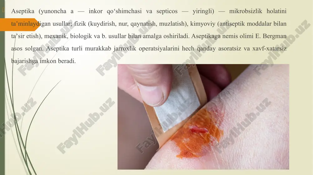 ika va aseptika usullarini, shuningdek, ularning tarixiy va zamonaviy qo'llanilishini o'z ichiga olgan ma'lumotlar. antiseptika, aseptika va jarohat tashxisi – shikastlanish, jarohatni tozalash va antiseptik usullarni tibbiyotda qo'llashga oid maqola. o'quv adabiyotlari, aseptika va antiseptika – zamonaviy tibbiyotda antiseptik texnikalar va jarrohlikda ularning roli haqida yozilgan qo'llanma. antiseptik va dezinfektsiya (2020) – zamonaviy tibbiy amaliyotlarda antiseptik usullarning qo'llanilishi haqida batafsil qo'llanma. slaydlar: aseptika va antiseptika (2021) – aseptik usullarning jarrohlik va klinik amaliyotda qo'llanilishi haqida ma'lumot. antiseptik va antibakterial preparatlar (2022) – kimyoviy moddalar yordamida infektsiyalarni oldini olish usullari haqida ilmiy maqola. tibbiyotda infeksiyalar va ularning oldini olish – antiseptik va aseptik usullarni qo'llash orqali infeksiyalarni boshqarish. jarrohlikda aseptika va antiseptika (2024) – zamonaviy jarrohlikda aseptik amaliyotlar va ularning ahamiyati haqida qo'llanma. e’tiboringiz uchun raxmat image1.jpeg image2.jpeg image3.jpeg image4.jpeg image5.jpeg image6.png image7.jpeg /docprops/thumbnail.jpeg