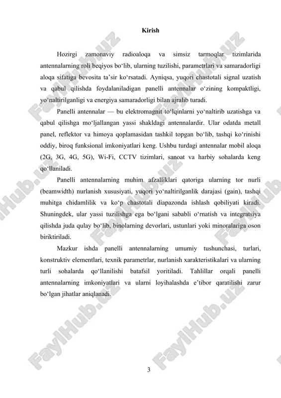 day taqsimot kuchli va yo‘naltirilgan nurlanishga olib keladi. antenna yuzasida tok zichligi eng katta bo‘ladigan joy — bu panelning markaziy qismidir. markazdan uzoqlashgan sari tok zichligi kamayib boradi. aynan mana shu holat, ya’ni tok tebranishlarining qanday taqsimlanganligi, antenna nurlanish diagrammasining shakllanishida muhim rol o‘ynaydi. tok tebranishlari asosan oziqlantiruvchi (feed) nuqtasi atrofida maksimal bo‘ladi va bu maydonda yuzaga keladigan elektromagnit to‘lqinlar to‘g‘ridan-to‘g‘ri uzatiladigan signalning asosiy manbai bo‘lib xizmat qiladi. panelli antennalarda ko‘pincha dielektrik materiallar ishlatiladi. ushbu materiallar elektromagnit to‘lqinlarning tarqalish yo‘nalishini nazorat qilishda muhim rol o‘ynaydi. dielektrik qoplama yoki to‘ldiruvchi qatlamlar to‘lqinlarning sinishi va yutilishini boshqaradi. bu orqali nurlanish yo‘nalishini aniqlik bilan belgilash va kerakli yo‘nalishga maksimal energiya yo‘naltirish mumkin bo‘ladi. shuningdek, panelli antenna konstruksiyasining orqa tomonida joylashgan metall reflektor orqali elektromagnit to‘lqinlarning orqaga tarqalishi sezilarli darajada kamaytiriladi. bu reflektor elektromagnit to‘lqinlarni oldinga — ya’ni kerakli yo‘nalishda — qaytaradi va nurlanishni yo‘naltirish samaradorligini oshiradi. shu tarzda, nurlanishning asosiy yo‘nalishi kuchayadi va …