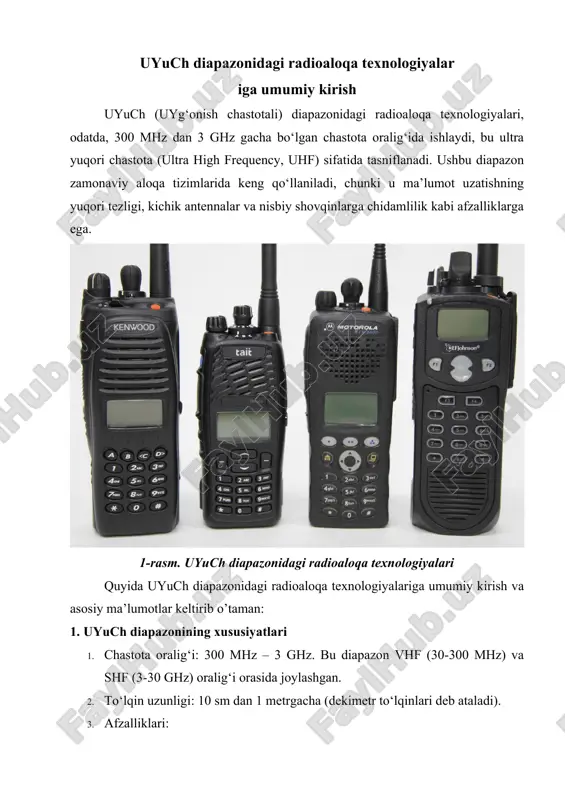 onitoring tizimlari). 5. sanoat: iot, avtomatlashtirish va masofadan boshqarish tizimlari. 4. texnik cheklovlar va muammolar 1. interferensiya: uyuch diapazoni juda ko‘p qurilmalar tomonidan ishlatilgani uchun signal shovqinlari (interferensiya) muammosi mavjud. masalan, 2.4 ghz chastotasida wi-fi, bluetooth va mikroto‘lqinli pechlar o‘zaro shovqin keltirib chiqarishi mumkin. 2. regulyator cheklovlari: har bir mamlakatda chastota diapazonlari milliy regulyator organlar (o‘zbekistonda aloqa, axborotlashtirish va telekommunikatsiya texnologiyalari sohasida nazorat bo‘yicha davlat inspeksiyasi) tomonidan tartibga solinadi. 3. masofa cheklovi: uyuch to‘lqinlari uzoq masofalarda signalni yo‘qotadi, shuning uchun ko‘proq takrorlagichlar yoki baza stansiyalari talab qilinadi. 5. o‘zbekistonda uyuch diapazonining qo‘llanilishi 1. mobil aloqa: o‘zbekistonda ucell, beeline, uzmobile kabi operatorlar 900 mhz, 1800 mhz va 2100 mhz chastotalarida 3g/4g xizmatlarini taqdim etadi. 2. televizion eshittirish: raqamli televidenie (dvb-t2) 470-694 mhz diapazonida ishlaydi. 3. wi-fi va iot: 2.4 ghz chastotasi keng tarqalgan, ayniqsa, shahar hududlarida. 6. kelajakdagi tendensiyalar 1. 5g rivojlanishi: uyuch diapazonidagi sub-6 ghz chastotalari 5g tarmoqlarining asosiy qismi …