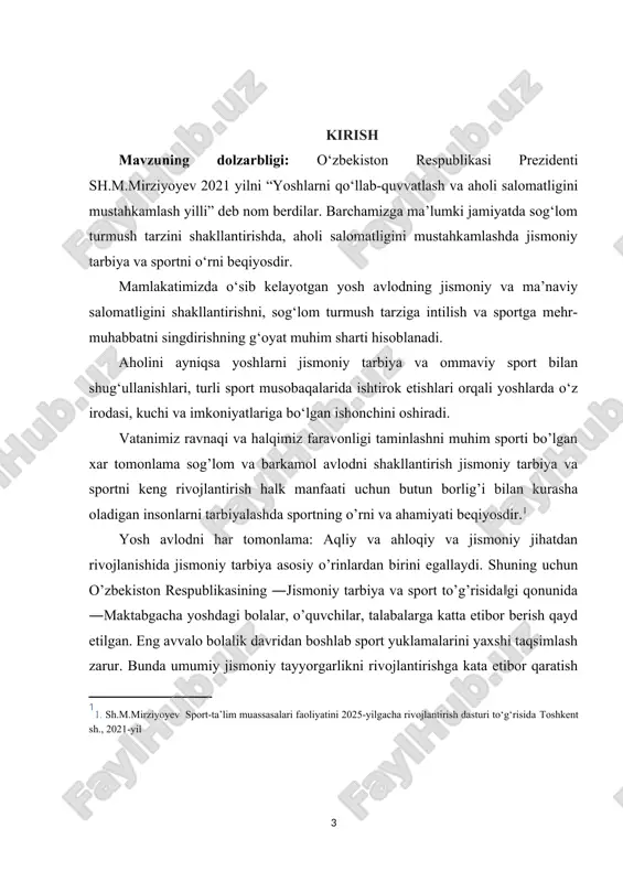 dimdan barcha sport turlarining onasi ham deb еtirof еtilganligi bejiz еmas, chunki juda kup sport turlari uchun jismoniy sifatlarni rivojlantirishga qaratilgan mashqlarni bajarish vositalari ya‟ni sport anjomlari va inshoatlardagi jixozlar gimnastika sport turining azaliy anjomlari bo’lib kelgan. kurs ishining maqsadi: gimnastikaning qadimgi davrlardan to hozirgi kungacha bo‘lgan tarixiy taraqqiyotini o‘rganish va tushuntirish. kurs ishining vazifasi: gimnastikaning qadimgi, o‘rta asrlar, yangi va zamonaviy davrlardagi rivojlanish bosqichlarini tahlil qilish. i.bob.gimnastikaning rivojlanish tarixi va elementlarini paydo bo`lish tarixi 1.1. gimnastikaning rivojlanishi va tarixi jismoniy tarbiya sifatida gimnastika juda ko’p vaktdan buyon rivojlanib kelgan. gimnastikaning rivojlanishi janglarni olib borish usullarining, jamiyat tuzilishining o’zgarishlariga va inson to’grisidagi ilmlarni rivojlanishiga uzviy boglik bo’lib kelgan. qadimlardan, qadimiy sharqda gimnastik mashgulotlari ko’llanib kelingan. qadim gretsiyada ham gimnastika jismoniy tarbiya sifatida ko’llanilgan. greklar gimnastika deb butun bir jismoniy tarbiya tizimini atashgan, lekin yoshlarning jismoniy tarbiyasiga va ularni musobakalarga tayyorlashga alohida e’tibor berishgan. shuning uchun birinchi tizimni gimnastika, ikkinchisini esa …
