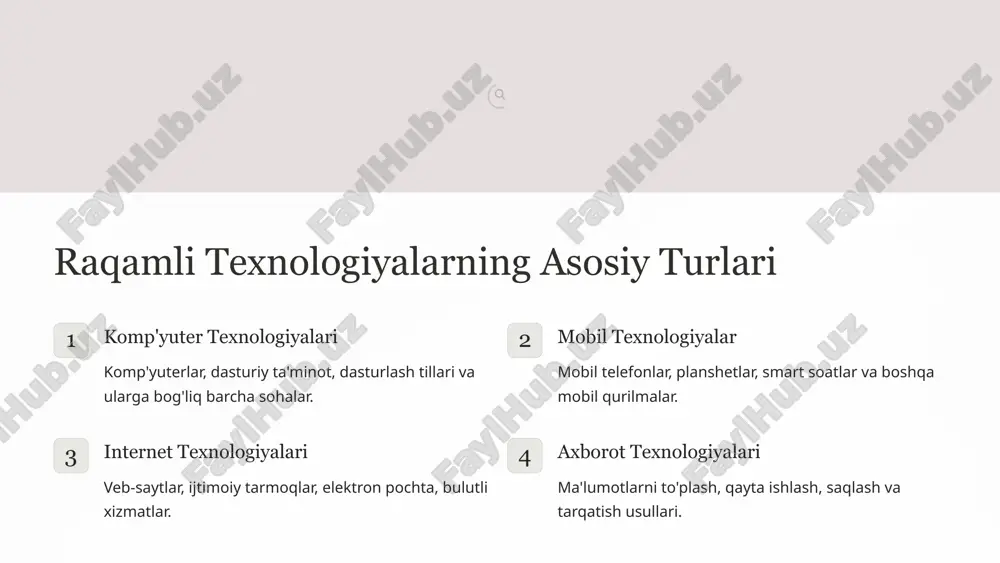 ga imkon beradi, bu esa keng ko'lamli tahlil va modellarni yaratishga yordam beradi. 3 arzonlik itning rivojlanishi narxlarni pasaytirdi va texnologiyalarga kirish imkoniyatini oshirdi. 4 globallik internet orqali it dunyoning turli burchaklaridagi odamlarni birlashtirdi. 12 axborot texnologiyalarining asosiy komponentlari kompyuterlar ma'lumotlarni qabul qilish, ishlov berish va chiqarish uchun ishlatiladi. tarmoq kompyuterlarni bir-biriga ulash va ma'lumotlarni uzatish imkonini beradi. dasturiy ta'minot kompyuterlarga ko'rsatmalar beradi va ularning ishlashini boshqaradi. ma'lumotlar itning asosiy elementi bo'lib, ishlov berish va saqlash uchun ishlatiladi. 13 axborot texnologiyalarining turli sohalardagi qo'llanilishi 1 ishlab chiqarish avtomatlashtirish, optimallashtirish va mahsulot ishlab chiqarishning samaradorligini oshirish. 2 tibbiyot diagnostika, davolash va bemorlarni kuzatishni yaxshilash. 3 ta'lim onlayn o'qitish, resurslarga kirish va talabalarga individual yordam berish. 4 moliya moliyaviy operatsiyalarni avtomatlashtirish, savdo qilish va investitsiya qilish. 5 ijtimoiy soha xizmatlarni raqamlashtirish, fuqarolarga elektron xizmatlarni taqdim etish va shaffoflikni oshirish. 14 axborot xavfsizligi va himoya masalalari ma'lumotlarni himoya qilish ruxsatsiz kirish, o'zgartirish yoki …