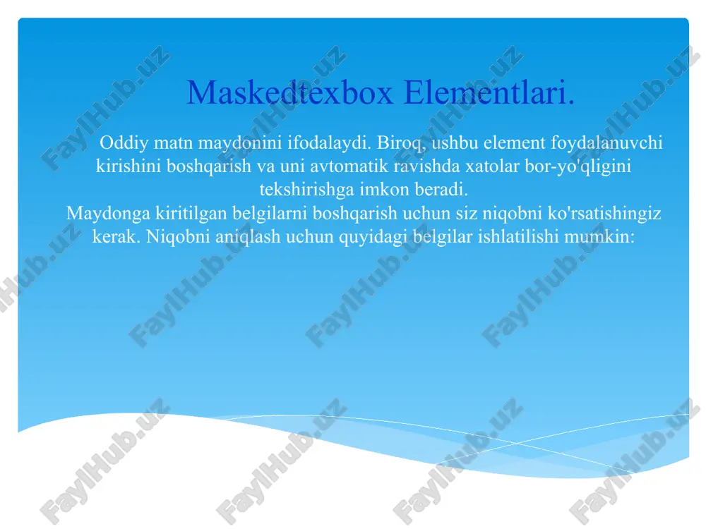gs e) { richtextbox1.text = ""; //richtextbox ni tozalash uchun ishlaydi } private void button2_click(object sender, eventargs e) { if (savefiledialog1.showdialog() == dialogresult.ok) //bu 'button2' tugmasi bosilganida richtextbox dagi // ma'lumotlarni kompyuter xotirasiga joylaydi. richtextbox1.savefile(savefiledialog1.filename); } private void button4_click(object sender, eventargs e) { if (openfiledialog1.showdialog() == dialogresult.ok) richtextbox1.loadfile(openfiledialog1.filename); //bu tugma yordamida kompyuter xotirasidagi ma'lumotlarni richtextbox ga chiqarib beradi. private void button3_click(object sender, eventargs e) { maskedtextbox1.text = ""; maskedtextbox2.text = ""; maskedtextbox3.text = ""; maskedtextbox4.text = ""; maskedtextbox5.text = ""; //bu tugma yordamida maskedtextbox dagi yozuvlarni o'chiramiz. } }} etiboringiz uchun rahmat