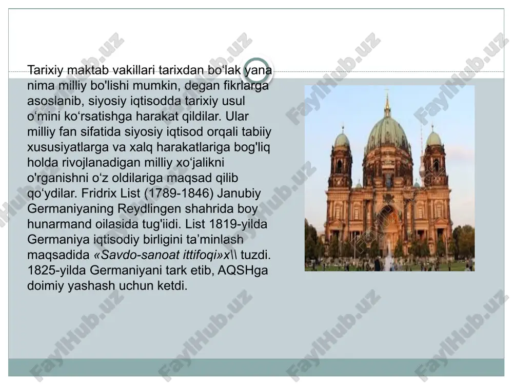 iqtisod» kitobi bosilib chiqdi. bu kitobda u mazkur maktabning qarashlarini himoya etish va muntazamlashtirishga harakat qildi. k.knis alohida iqtisodiy qonunlar yo‘q, faqat doimo va hamma joyda amal qiladigan tabiiy qonunlar bor deb da’vo qildi. uning fikricha, siyosiy iqtisod faqat iqtisodiy hodisalami tasvirlab berishi mumkin, u nazariy umumlashmalami berishga qodir emas. knis millat turmushining iqtisodiy sharoitlari uchun individ (shaxs), jamiyat va davlatning mas’uliyatini eklektik (qorishma) tarzda birlashtirmoqchi bo'ldi. 1848-yilda bruno gildebrand (1812-1878) «hozirgi zamon va kelajakning siyosiy iqtisodi» kitobini e’lon qild yangi tarixiy maktab va «ijtimoiy yo‘naiish» xlx-asming ikkinchi yarmida ham germaniyada iqtisodiyot fani tarixiy usul asosida rivojlanmoqda edi. nemis iqtisodchilari bundan awalgi davrda iqtisodiy adabiyotda vujudga kelgan an’analami davom ettirib, kuchaytirdilar. ular germaniya ijtimoiy-iqtisodiy taraqqiyoti­ning o‘ziga xosligini aks ettirib, feodalizm sarqitlarining uzoq vaqtdan beri saqlanib kelayotganligini keskin tanqid qildilar. shu davr germaniya iqtisodiy tadqiqotlarida yangi tarixiy maktab yetakchi o'rinlardan birini egallar edi. ushbu maktabning yetakchi olimlari, gustav shmoller (1838-1917) bo'lsa, …