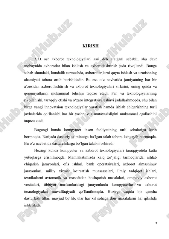 a c # dasturlash tilida yuzaga keladigan xatoliklar, ularning turlari, vujudga kelish sabablari, bartaraf etish usullarini o’rganib chiqamiz. kurs ishi mavzusining dolzarbligi: dasturlash tillari yordamida turli soha vakillarining ishiga ma’lumotlar bilan ishlash bo’yicha qulay interfeysli dastur yaratish. kurs ishining maqsadi va vazifalari: dasturlash tillarini qo’llagan holda turli sohalar uchun foydali qidiruv tizimi va ma’lumotlar bilan ishlovchi dastur yaratish. kurs ishining obyekti: c# dasturlash tilida ishlash va u haqida to’liq ma’lumot berish va uni amalda qo’llash. kurs ishining tarkibi: kirish, asosiy qism, xulosa, foydalanilgan adabiyotlar va internet resurslari va ilovadan iborat. i.bob. c# dasturlash tili va .net framework platformasi 1.1. c# da dasturlash muhiti c# dasturlash tili c tillar oilasining oxirgi versiyalaridan biri hisoblanadi. u “c sharp” deb talaffuz qilinadi. bu dasturlash tili .net framework muhitida ishlovchi, microsoft firmasi 2000-yilda tomonidan ishlab chiqilgan. bu dasturlash tili yuqorida aytganimizdek c tillar oilasidan kelib chiqqan. ya’ni c++ dasturlash tili 2000-yillargakelib c# va java …