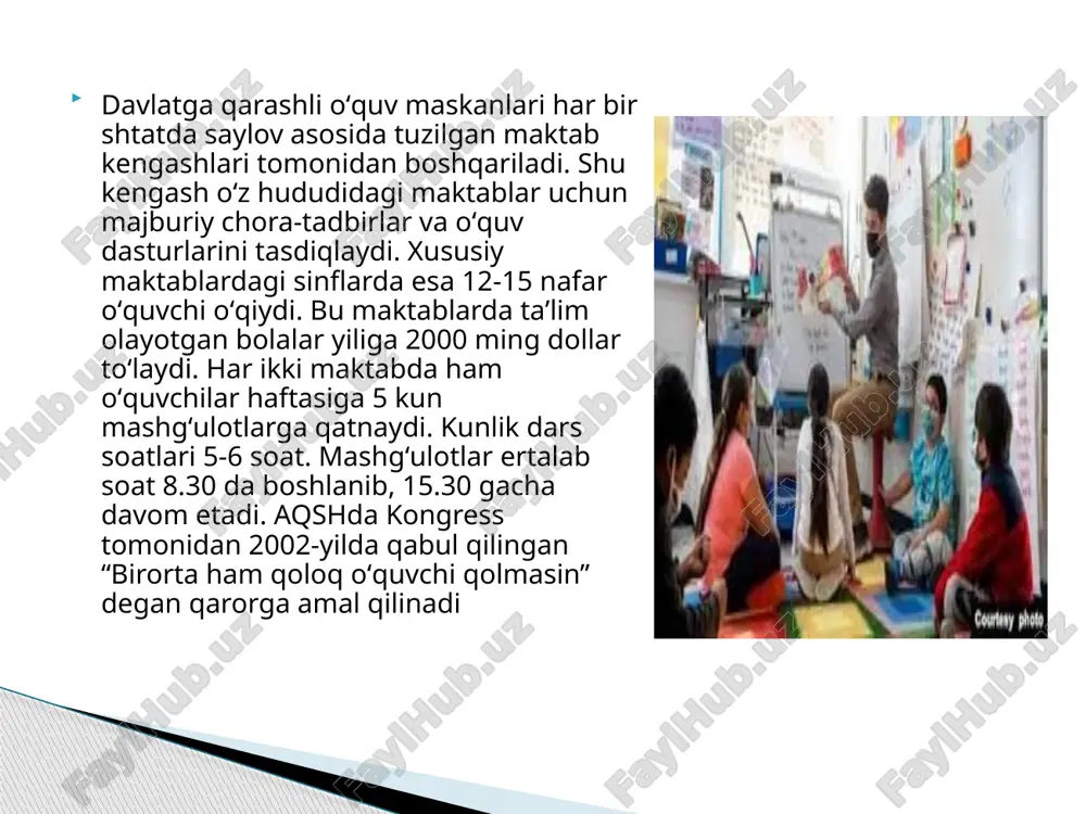 17-18 yoshida maktabni tamomlaydi. aqshdagi baʼzi maktablarda oʻquvchilar maktab formasini umuman kiyishmaydi. nafaqat oʻquvchilar, balki oʻqituvchilarga ham forma kiyish majburiy emas. amerika maktablari devorlariga maktabni eng yaxshi baholarga bitirgan, maktab faxriga aylangan oʻquvchilarning suratlari, maktab bayrogʻi, maktab shiori, maktab logotipi, oʻquvchilar yaratgan loyihalar kabi maktab va oʻquvchilar ijodi bilan bogʻliq qiziqarli materiallar ilib qoʻyilgan. maktab kutubxonalari ham muhim ahamiyatga ega. kutubxona xodimlari oʻquvchilarning kitobga diqqatini tortish uchun kitob javonlarining yuqorisiga eng ommabop va qiziqarli adabiyotlarni terib qoʻyishadi. hozirgi kunda koʻpgina amerikalik oʻquvchilarning ongiga “men jamiyat aʼzosiman, jamiyatga kerakman va ozgina boʻlsa-da, shu jamiyatning gullab-yashnashiga hissa qoʻshishim kerak”, – degan tushuncha singdirilgan. bolalar kichikligidan boshlab jamoat ishlariga koʻngilli sifatida jalb etiladi. jamoat ishlariga bolalarni nafaqat maktab, balki ota-onalar ham targʻib qiladi. ota-onalar farzandining jamoat ishlarida faolligini taʼminlaydi, hatto oʻzlari ham qoʻllaridan kelgancha maktabning takliflariga xayrixoh boʻlishadi va lozim boʻlsa, moliyaviy tomondan ham koʻmak berishadi. «avesto» – jahon madaniyatining, jumladan, markaziy osiyo …