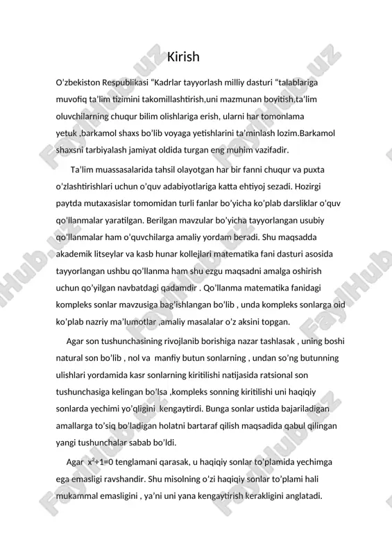salohiyotiga mos kelajak avlodni tarbyalash bugungi talim tizimi oldida turgan dolzarb vazifa bo’lib, bu o’z navbatida ta’lim jarayonida mumtazam ravishda innovatsion yondashuvlarni amalga oshirishni talab etadi. innovatsion yondashuvlar - ta’lim jarayonida zamonaviy pedagogik texnologiyalarni qo’llash demakdir. mazkur kurs ishi mavzusining dolzarbligi ham mana shunda. matematikani o’qitishda umumiy sistemasida kompleks sonlar yechish samarali mashq turlaridan biridir. kompleks sonlar bolalarda avvalo mukammal matematik tushunchalarni shaklllantirish,ularning programmada berilgan nazariy bilimlarni o’zlashtirishlarida favqulotda muhim ahamiyatga ega. masalan, agar biz kompleks sonlar haqida to’g’ri tushuncha shakllantirishni istasak, buning uchun bolalar yechimni topishga doir yetarli miqdorda sodda misollarni deyarli har gal to’plamlarni birlashtirish amalini, bajarib yechishlari zarur. shunday qilib, misollar konkret material bo’lib, ular yordamida bolalarda yangi bilim vujudga keladi va mavjud bilimlar tadbiq qilinishi jarayonida mustahkamlab boradi. masalalar bilimlarni shakllantirishda konkret material bo’lgani holda nazariyani amaliyot bilan, o’qitishni turmush bilan bog’lab olib borish imkonini beradi. misollar yechish bolalarda kundalik hayotda har bir kishi uchun zarur …