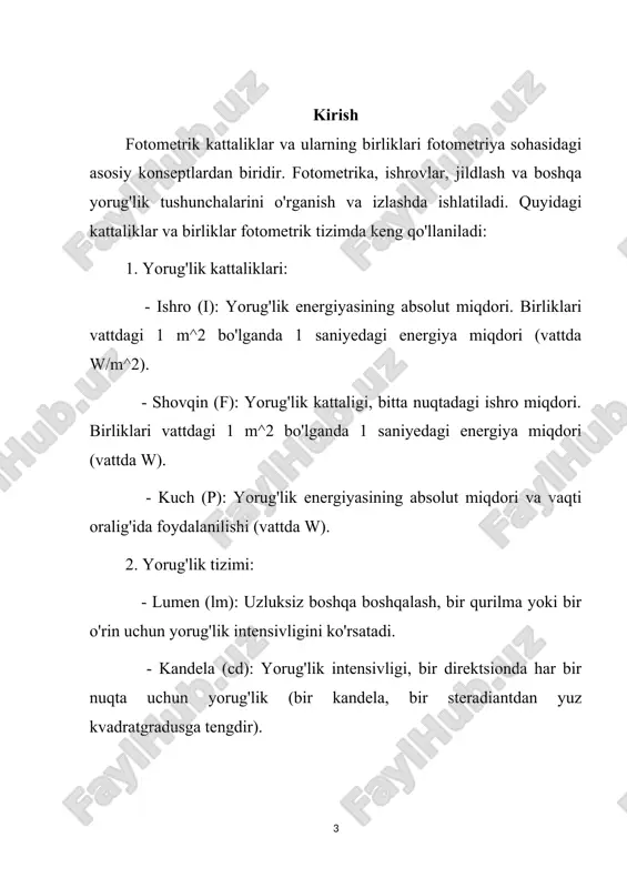 dagi yorug‘lik to‘lqinlariga nisbatan o‘rtacha sezgirlikni xarakterlovchi bunday kattalik ko‘rish funksiyasi deb ataladi. ko‘rish funksiyasini grafik ravishda tasvirlash qiyin, chunki subektiv nuqtai nazardan turli tusdagi nurlarning, masalan, qizil va yashil tusdagi nurlarning xuddi bir xil ravshanligini (yorqinligini) aniqlash mushkul. agar 1 va 2 uzunlikdagi ikkala to‘lqin oqimlariga nisbatan ko‘z sezgirligi bir xil bo‘lsa edi, bo‘lganda, ya’ni quvvatlar teng bo‘lganlarida har ikki maydoncha yorqinligi bir xil bo‘lib ko‘rinar edi. haqiqatda esa subektiv yorqinlikning teng bo‘lishi uchun ikkala oqimning va quvvatlarini turlicha qilib olishga to‘g‘ri keladi: ko‘z qaysi uzunlikdagi to‘lqinni kuchliroq sezadigan bo‘lsa, o‘sha to‘lqin oqimini kamroq quvvatli qilib olish kifoy. shuning uchun ko‘zni ф() ko‘rish funksiyasi vositasida xarakterlab, 1 va 2 bir-biriga yaqin ikki to‘lqin uzunliklariga oid ф() ko‘rish funksiyasining son qiymatlari bir xil yorqinlik hissini o‘yg‘otuvchi va quvvatlarga teskari proporsional, ya’ni (3.1) deb faraz etamiz. spektr sohaning bir bo‘lagidan ikkinchi (qo‘shni) bo‘lagiga ketma-ket muntazam o‘tish yo‘li bilan ko‘rinuvchi butun spektr …