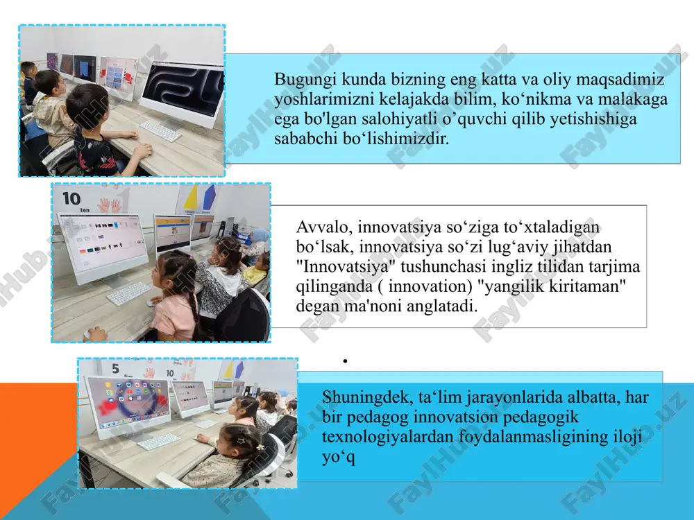 chilar o‘rtasida dars jarayonida raqobat rivojlanadi. raqobat bor joyda esa o‘sish bo‘ladi, o‘sish esa o‘z natijasini ko‘rsatadi. fanni va innovatsiyani kelajakda rivojlantirish strategiyasida “innovatsion insonni” yaratish, ya’ni ishlashidan qat’iy nazar u innovatsiya va yangi bilimlarga moyil bo‘lishi kerak. xulosa ta’lim tizimini isloh qilishning zarurligini tushunib yetish, amaliyotda ta’lim muassasalarini innovatsion jarayonlarga qo‘shilishini taqozo etmoqda, o‘zini yaratish imkoni mavjud innovatsion maydonda ko‘rish va eng muhimi aniq yangiliklarni o‘zlashtirishdan iborat.bugungi kunda boshlang‘ich ta’lim tizimidagi an’anaviy va ommaviy ko‘rinishdagi ta’lim va tarbiya jarayonlari o‘rniga ta’lim muassasalari rivojlanishida o‘ziga xos yangilik bo‘lib innovatsion jarayonlar kirib kelmoqda. foydalanilgan adabiyotlar ro‘yxati mirziyoyev sh.m. “milliy taraqqiyot yo‘limizni qat’iyat bilan davom ettirib, yangi bosqichga ko‘taramiz.” - t.: o‘zbekiston, 2017. o‘zbekiston respublikasi prezidenti sh.m.mirziyoevning 2019-yil 8-maydagi “maktabgacha ta’lim tizimini 2030-yilgacha rivojlantirish konsepsiyasi to‘g‘risida”gi pq-4312- sonli qarori. boshlang‘ich ta’lim pedagogikasi innovatsiyasi va integratsiyasi. t: g‘.g‘ulom 2013 boshlang‘ich ta’limda zamonaviy pedagogik texnologiyalar t.g‘afforova t2011. mustaqil fikrlashning taraqqiyotga ta’siri. g‘oziev e. ma’rifat …
