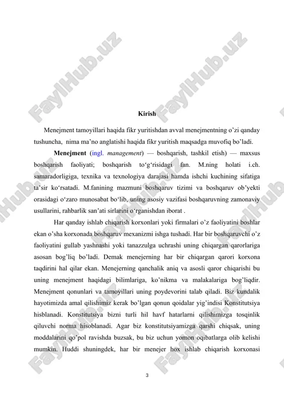 i sharoitlarida faoliyat yurituvchi firmalar, korxonalar, tashkilotlarni boshqarishning vujudga kelgan tizimi sifatida ularning ishlab chiqarish — xo‘jalik faoliyatining samarali rivojlanishi va faoliyat yuritishi uchun zarur sharoitlar yaratilishini ko‘zda tutadi. hozirgi kungacha sanoat, savdo, tijorat, qishloq xo‘jaligi sohalarida boshqaruvning boy amaliy tajribasi to‘plangan. vaholanki, ushbu masalaning nazariy tomonlari hali yetarlicha ishlab chiqilmagan. afsuski, mamlakatimizda m a’muriy buyruqbozlik tizimi yakka hokimligining o‘n yilliklari davomida boshqaruv nazariyasi va amaliyotini yetarlicha baholamaslik mavjud bo‘lgan. i-bob menejment, uning ilmiy yondashuvlari va tamoyillari. 1.1 menejment tushunchasi menejment bilimning yosh va jadal rivojlanayotgan sohasidir. rossiyada hukumatda ishtirok etish uzoq muddatli an'ana emas edi, hokimiyat odamlar o'zlarining zaifligini yoki zarurligini his qilganlarida, ularga murojaat qilishdi. shuning uchun mas'uliyatni o'z zimmasiga olish qo'l ostidagilar uchun odat bo'lib qolmagan, ya'ni tashkilot madaniyatining elementiga aylanmagan. o'z navbatida, hokimiyat uchun javobgarlik ham begona so'z edi. biroq, muvaffaqiyat yoki muvaffaqiyatsizlik har doim xodimlar tomonidan boshqaruv faoliyati bilan bog'langan. shuni ta'kidlash kerakki, bu boshqaruvda …
