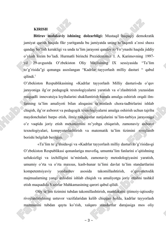 g stajirovka o’tashlarini, professor- o’qituvchilarni qayta tayyorlash va malakasini oshirishni tashkil qilish;2 bugungi kunda o’quv jarayoni sifati va samaradorligini tubdan oshirish maqsadida bir qator yangi qarorlar qabul qilinmoqda. o’zbekiston respublikasi prezidentining “oliy ta’lim tizimini yanada rivojlantirish chora-tadbirlari to’g’risida”gi 2017- yil 20- apreldagi pq – 2909 – sonli qarori oliy ta’lim tizimini tubdan takomillashtirish, mamlakatimizni ijtimoiy-iqtisodiy rivojlantirish borasidagi ustuvor vazifalarga mos holda, kadrlar tayyorlashning ma’no- mazmunini tubdan qayta ko’rib chiqish, xalqaro standartlar darajasida oliy malakali mutaxassislar tayyorlash uchun zarur sharoitlar yaratish maqsadida qabul qilingan. professor-o’qituvchilarning kasb mahoratini, pedagog xodimlarning malakasini oshirish, shuningdek, ularning xorijiy hamkor oliy o’quv yurtlarida malaka oshirishi, magistratura, doktoranturada ta’lim olishi hamda respublikamizning tayanch oliy o’quv yurtlari qoshida qayta tayyorgarlikdan o’tishi va malaka oshirishi. mazkur dasturda, asosan, mamlakatimizning har bir oliy ta’lim muassasasi bilan aqsh, buyuk britaniya, fransiya, italiya, niderlandiya, rossiya, yaponiya, janubiy koreya, xitoy va shu kabi boshqa davlatlarning yetakchi ilmiy-ta’lim 2 “oliy ta’lim tizimini yanada rivojlantirish …