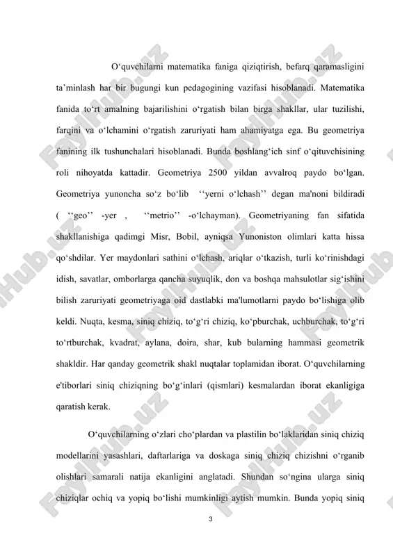 ‘ziga xos tarzda fikrlashi, tasavvur qilishi va his etishi orqali amalga oshadi. inson tug‘ilganidan fikrlash quvvatiga ega boladi va u bolaning o‘sishi bilan rivojlanib boradi. olimning fikricha, inson aqliga sig‘adigan tushunchalarning kishi ongida saqlanib qolishi, bilishning natijasi sanaladi. farobiyning: "bolada katta imkoniyatlarga ega bo‘lgan ko‘ngil bor. u his tuyg‘uga, tafakkur orqali anglash xususiyatiga ega. hissiyot va tafakkur bilan jismlar tushuniladi" , - degan xulosasi fikrimiz isbotidir. geometriya turli shakllarning xossalarini aniqlash, tekshirish, ularni uzunliklari, yuzi, hajmlarini hisoblash bilan shug‘ullanadi. geometriya material dasturda mustaqil bo‘lim sifatida o‘qitish jarayonida ajratib ko‘rsatilmaydi. geometrik mazmunli masalalarni imkon bo‘lgan vaqtda, kursning boshqa masalalari bilan yaqin aloqada doima qarab chiqiladi. biroq dasturdagi tushuntirish xatida ko‘rsatilganidek, geometrik masalalarni bayon qilishda bu materialni kurs materialiga kiritish maqsadlariga bo‘ysundirilgan shaxsiy mantiqqa ham rioya qilish kerak. bu maqsadlar dastavval bolalarning fazoviy tasavvurlarini o‘stirishda, ularda turlicha geometrik figura haqida tasavvur qilishdan iborat. bolalar bu figuralarning har biri alohida turganda ham, tanish …