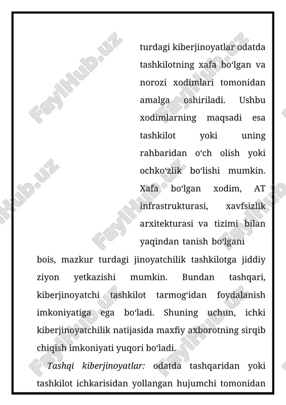 sizlik to‘g‘risida”gi qonun loyihasi ishlab chiqiladi; loyihada: · axborot kommunikatsiya texnologiyalari tizimini zamonaviy kibertahdidlardan himoya qilish, turli darajadagi tizimlar uchun kiberxavfsizlik bo‘yicha zamonaviy mexanizmlarni joriy etish; · kiberxavfsizlikni ta’minlash sohasida davlat organlari, korxona va tashkilotlarning huquqlari va majburiyatlarini belgilash, ularning faoliyatini muvofiqlashtirish; · ushbu sohadagi normativ-huquqiy hujjatlarni unifikatsiyalash nazarda tutiladi. kiberqonunlar har bir davlatning milliy qonun me’yorlari asosida shakllantiriladi yoki ularning bir qismini tashkil qiladi. quyida respublikamizdagi qonun hujjatlarida kiberjinoyatni oldini olish va tartibga solishga aloqador bo‘lgan bandlar keltirilgan. milliy qonunlar. 2002-yil 12-dekabrda o‘zbekiston respublikasining 439-ii – sonli “axborot erkinligi tamoyillari va kafolatlari to‘g‘risida”gi qonuni qabul qilindi. ushbu qonun 16 moddadan iborat bo‘lib, unda xususan, quyidagilar belgilangan: 1-modda. ushbu qonunning asosiy vazifalari ushbu qonunning asosiy vazifalari axborot erkinligi tamoyillari va kafolatlariga rioya etilishini, har kimning axborotni erkin va moneliksiz izlash, olish, tekshirish, tarqatish, foydalanish va saqlash huquqlari ro‘yobga chiqarilishini, shuningdek axborotning muhofaza qilinishini hamda shaxs, jamiyat va davlatning axborot borasidagi …