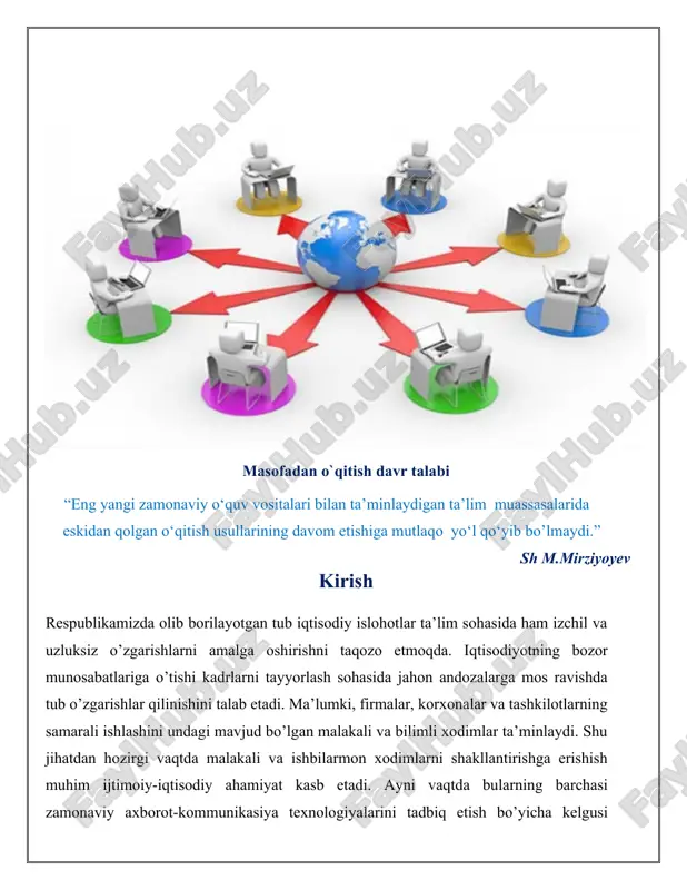 jodiy qobiliyatlarini rivojlantirishga yo’naltirilgan o’quv - uslubiy manbalar, didaktik vositalar va materiallar, elektron ta’lim resurslari, o’qitish texnologiyasi, baholash usullari va mezonlarini o’z ichiga olgan ta’limni masofadan turib tashkil etish texnologiyaridan samarali foydalanish asoslari masalasi ko’rilgan. kurs ishining vazifasi yuqoridagi maqsadlarga erishish uchun quyidagi masalalar yechiladi: · masofaviy ta’limda tyutorlarning o’rni; · hozirgi kundagi masofaviy ta’limning ahamiyati; · masofaviy ta’limning asosiy modellari; · o’qitishda masofaviy ta’limning afzalliklari; · masofaviy ta’lim beruvchi portallardan foydalanish asoslari; · moodle platformasi to’g’risida ma’lumotlar; online o’quv platformasining obyekti moodle platormasida oliy ta’lim muassasalarida o’tiladigan fanlardan online kurs yaratish. online o’quv platfromasining yangiligi masofaviy ta’limni universitetlarda joriy etish, o’quvchilarni bilimlarini oshirish, ularni ko’proq o’z ustilarida mustaqil ishlashga va vaqt unumdorligini oshirish yo’llarini o’rgatishdan iborat. masofadan turib o’qitishni universitetlarda yo’lga qo’yish oliy o’quv yurtlariga kiruvchi abituriyentlarni tayyorgarlik darajasini oshishiga olib keladi. o’zbekistonning rivojlanishidagi, umuman barcha sohalarda o’z yo’nalishi bo’lgani kabi, ta’lim sohasida oliy ta’lim muassasalari uchun masofaviy yo’nalishini …