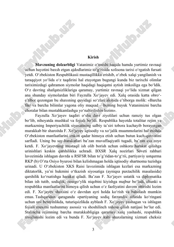 ni sinfiy asosda tanlash, paxtachilikda о‘z hukmini о‘tkazish, xususiy mulkni zо‘rlik bilan musodara etish siyosatiga, 1925-1929 yillarda olib borilgan yer-suv islohoti uslublariga qarshi chiqib, norozilik bildirgan respublikadagi 18 kishidan iborat mas’ul xodimlarning chiqishlarida f. xо‘jayev ham ishtirok etib, qо‘llab-quvvatlagani bugungi kunda ma’lum bо‘ld. mavzuning maqsad va vazifasi bxsr ning nozirlar kengashi raisi bo’lgan yetuk arbob fayzulla xo’jayevning ozodlik uchun olib borgan harakatlarini o’rganish va tahlil etish. bugungi kunda fayzulla xo’jayevning olib borgan ishlari, buxoroda amirlik siyosatini tugatib respublika tashkil qilish siyosati, marifatparvar jadidlarning imtiyozlarini oshirish kabi qilgan ishlarini hozirda saqlanib kelayotgan arxiv hujjatlaridan, shu davrga oid asarlardan to’g’ri yondoshilgan holda o’rganishdir. mavzuning ob’ekti va predmeti fayzulla xo’jayevga aloqador bo’lgan hujjatlarni o’rganish va ulardan to’g’ri xulosa chiqarishdir. zero, birinchi prezidentimiz i. a. karimovning “tarixga murojaat qilar ekanmiz, u xalq xotirasi ekanligini nazarda tutishimiz kerak. xotirasiz barkamol kishi bo`lmaganidek, o`z tarixini bilmagan xalqning kelajagi ham bo`lmaydi”[footnoteref:1] degan fikrlari davlatchilik masalalari bilan bevosita …