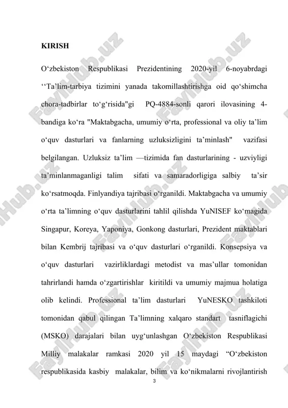 ntirish konsepsiyasini tasdiqlash to‘g‘risidagi pf-5847-sonli farmoni, 2020-yil 7-maydagi “matematika sohasidagi ta’lim sifatini oshirish va ilmiy-tadqiqotlarni rivojlantirish chora-tadbirlari to‘g‘risida”gi pq-4708-sonli qarori hamda o‘zbekiston respublikasi prezidentining 2020-yil 24-yanvarda oliy majlisga murojaatnomasida belgilangan vazifalari ijrosi yuzasidan ishlab chiqilgan. o‘zbekiston respublikasining “ta’lim to‘grisidagi qonuni 2020-yil 23-sentabrda tasdiqlandi. uning maqsadi fuqarolarga ta’lim-tarbiya berish, kasb-hunar o‘rgatishning huquqiy asoslarini va ta’lim sohasidagi davlat siyosatining asosiy prinsiplarini belgilash hamda har kimning bilim olishdan iborat konstitutsiyaviy huquqini ta’minlashdan iborat[footnoteref:1]. mazkur konsepsiya maktabgacha, umumiy o‘rta, o‘rta maxsus, professional va oliy tallim tizimlarida matematika ta’limini rivojlantirishning asosiy tendensiyalarini belgilab beradi, jumladan: [1: mirziyoyev sh.m. buyuk kelajagimizni mard va oliyjanob xalqimiz bilan birga quramiz t.: o‘zbekiston 2017 yil] - matematika ta’limi me’yoriy hujjatlarini ta’lim sifati va kadrlar tayyorlashga qo‘yiladigan xalqaro talablarga muvofiqligini ta’minlash; - matematika ta’limi bo‘yicha maktabgacha, umumiy o‘rta va o‘rta maxsus, professional va oliy ta’lim tizimlari bitiruvchilariga qo‘yiladigan malaka talablarini uzviyligini ta’minlash hamda amaliyotga tatbiq etish; - matematika ta’limi mazmuni …