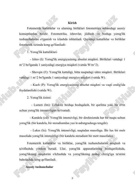 dagi yorug‘lik to‘lqinlariga nisbatan o‘rtacha sezgirlikni xarakterlovchi bunday kattalik ko‘rish funksiyasi deb ataladi. ko‘rish funksiyasini grafik ravishda tasvirlash qiyin, chunki subektiv nuqtai nazardan turli tusdagi nurlarning, masalan, qizil va yashil tusdagi nurlarning xuddi bir xil ravshanligini (yorqinligini) aniqlash mushkul. agar 1 va 2 uzunlikdagi ikkala to‘lqin oqimlariga nisbatan ko‘z sezgirligi bir xil bo‘lsa edi, bo‘lganda, ya’ni quvvatlar teng bo‘lganlarida har ikki maydoncha yorqinligi bir xil bo‘lib ko‘rinar edi. haqiqatda esa subektiv yorqinlikning teng bo‘lishi uchun ikkala oqimning va quvvatlarini turlicha qilib olishga to‘g‘ri keladi: ko‘z qaysi uzunlikdagi to‘lqinni kuchliroq sezadigan bo‘lsa, o‘sha to‘lqin oqimini kamroq quvvatli qilib olish kifoy. shuning uchun ko‘zni ф() ko‘rish funksiyasi vositasida xarakterlab, 1 va 2 bir-biriga yaqin ikki to‘lqin uzunliklariga oid ф() ko‘rish funksiyasining son qiymatlari bir xil yorqinlik hissini o‘yg‘otuvchi va quvvatlarga teskari proporsional, ya’ni (3.1) deb faraz etamiz. spektr sohaning bir bo‘lagidan ikkinchi (qo‘shni) bo‘lagiga ketma-ket muntazam o‘tish yo‘li bilan ko‘rinuvchi butun spektr …