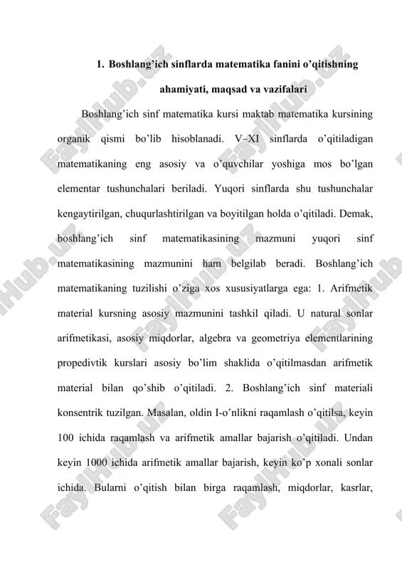 ri bilan komponentlari orasidagi bog’lanishlarni bilganlik asosida bajariladi. o’zgaruvchi bilan amaliy tekshirish o’quvchilarning funksional tasavvurlarini egallashlariga imkon beradi. geometrik material bolalarning eng sodda geometrik figuralar bilan tanishtirish, ularning fazoviy tasavvurlarini rivojlantirish, shuningdek, arifmetik qonuniyatlarni, bog’lanishlarni ko’rsatmali maqsadlariga xizmat qiladi. (masalan, to’g’ri to’rtburchakning teng kvadratlarga bo’lingan ko’rsatmali obrazidan ko’paytirishning o’rin almashtirish xossasini bog’lanishi ochib foydalaniladi...). 1-sinfdan boshlab to’g’ri va egri chiziqlar, kesmalar, ko’pburchaklar va ularning elementlari, to’g’ri burchak va hokozo kiritilgan. o’quvchilar geometrik figuralarni tasavvur qila olishni, ularni nomlari, katakli qog’ozga sodda yasashlarni o’rganib olishlari kerak. bundan tashqari, ular kesma va siniq chiziq uzunligini, ko’pburchak perimetrini, to’g’ri to’rtburchak, kvadrat va umuman har qanday figuraning yuzini (paletka yordamida) topish malakasini egallab olishlari kerak. o’qitish metodi tushunchasi. boshlang’ich sinflarda matematika o’qitishning maqsadlari quyidagilar: umumta’lim maqsadi, tarbiyaviy maqsadi, amaliy maqsadi. bu maqsadlar bir-biri bilan uzviy bog’liq bo’lib, bir-birini to’ldiradi. 1. ta’lim maqsadi o’qituvchidan quyidagilarni talab qiladi. a) o’quvchilarga matematik bilimlar tizimidan, bilim, malaka ko’nikma …