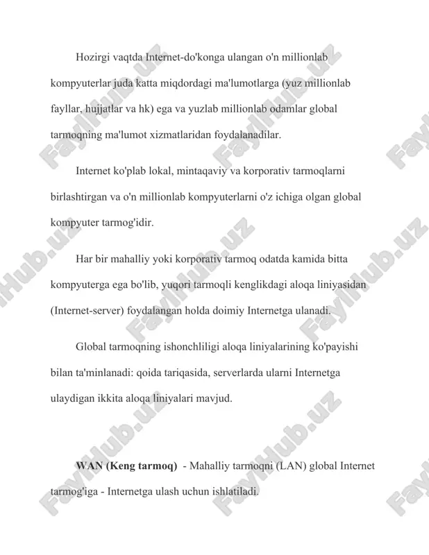 itta mijoz bitta aloqa kanalidan foydalanadi. umumjahon kanallar bir-biridan farq qiladi, chunki bitta aloqa kanalini bir vaqtning o'zida bir nechta mijozlarga bo'lish mumkin. tarmoq texnologiyalari bizning uylarimizga va xonadonlarimizga tobora ko'proq kirib bormoqda. endi simli internet ulangan deyarli har bir uyda wi-fi yo'riqnoma yoki oddiy kommutator o'rnatilgan bo'lib, u uy tarmog'ining markazi hisoblanadi. odamlar undan faol foydalanadilar, fayllarni kompyuterdan planshetga, telefondan televizorga va boshqalarga uzatadilar. va shu bilan birga, ba'zida bilmayman - lekin umuman mahalliy tarmoq nima va u qanday ishlaydi. mahalliy atamani asosiy deb hisoblash kerak kompyuter tarmog'i - bu kompyuterlar va boshqa hisoblash uskunalarini o'zaro bog'laydigan aloqa tizimi. amaldagi texnologiyaga qarab u simli, simsiz va aralash bo'lishi mumkin. wan va lan tushunchasi wan - keng tarmoq - global kompyuter tarmog'iko'plarni quchoqlash va birlashtirish kompyuter tizimlari butun dunyo bo'ylab. lan - mahalliy tarmoq - nisbatan kichik hududda cheklangan miqdordagi kompyuterlarni birlashtirgan mahalliy tarmoq. wan va lan o'rtasidagi farq wan …