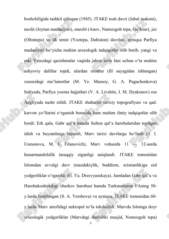 ati yanada avj oldi. 1946-yilda janubiy turkmaniston arxeologiya kompleks ekspeditsiyasi, soʻgʻd-tojik arxeologiya ekspeditsiyasi tashkil qilindi. oʻzbekiston fanlar akademiyasi arxeologiya instituti ot-ryadlari oʻzbekistonning turli tumanlarida tadqiqot ishlarini olib bordi. akad. ya. gʻulomov rahbarligidagi arxeologiya ekspeditsiyalarining xorazm, zarafshon va toshkent vohalarida, fargʻona vodiysida; a. r. muhammadjonovning buxoroda olib borgan arxeologik tadqiqotlari oʻzbekistonning qadimgi sugʻorish sistemasi va dehqonchiligini oʻrganishda, undan xalq xoʻjaligi maqsadlarida foydalanishda katta ahamiyatga ega. a. a. asqarov boshchiligidagi otryadning sopollitepa, jarqoʻtonla olib borgan qazishmalari ancha samarali boʻldi. u. i. islomov rahbarligidagi otryad oʻzbekistonning qator viloyatlarida tosh davriga oid yangi yodgorliklarni qazib oʻrgandi, afrosiyob ekspeditsiyasi qadimgi samarqandni oʻrgandi va uning ilk oʻrta asrlarga oid devoriy rasmlarini ochdi, yerqoʻrtndya ish olib 666borgan otryad (r. h. sulaymonov boshchi-ligida) antik va ilk oʻrta asrlarga oid madaniyat va sanʼat namunalarini topdi.1959-yilda g. a. pugachenkova rahbarligida oʻzbekiston sanʼatshunoslik ekspeditsiyasi tuzildi. ekspeditsiya dalvarzintepa, xolchayon, budrochtepada qazishmalar oʻtkazib, qizil sopollarning noyob namunalarini topib, tadqiq qildi. oʻzbekiston mustaqillik-ka erishganidan …