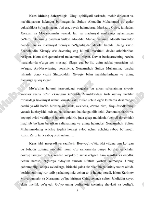 latida raiyat, ya‘ni oddiy aholining ijtimoiy turmush tarzi yashi bo‘lishi uchun hukmdorlar alohida ahamiyat berganlar. jumladan, xorazmshoh takash o‘z farmonlaridan birida raiyatga nisbatan adolatli bo‘lshga, dehqonlarning manfaatini himoyaga qilishga, soliqlarni olish jarayonida qonunlarga to‘liq rioya etishga amr qilgan. jaloliddin xorazmshoh ham urush natijasida qiyin ahvolga tushib qolgan aholini soliqlardan ozod etgan. kurs ishi tadqiqotining davriy chegarasi xorazm davlati qadimdan sun‘iy sug‘orishga asoslangan dehqonchilik, chorvachilik, xunarmandchilik rivojlangan xududlardan biri bo‘lgan. qadimgi davrlarda bu xududning rivojlanishining aosisy omillardan biri buyuk ipak yo‘lining bu xududdan o‘tganligi edi. kurs ishining ilmiy va uslubiy asoslari: xorazmshohlar davlatining ijtimoiy va iqtisodiy ahvoli xorazmshoxlar davlati markazi -gurganj yirik savdo va madaniy markazga aylangan. shuningdek, xazarasp, kat, xushmusan, darg‘on, savag‘on, mang‘ishloq, nuzkat kabi shaxarlari obod shaxarlar qatoriga kirgan kurs ishining tuzilishi : kurs ishi kirish, ikkita bob. 4 ta reja, xulosa va foydalanilgan adabiyotlar ro’yixtidan iborat.[footnoteref:1] [1: www.ziyonet.uz. ] i bob shaxobiddiun an-nasaviyning “sirat as sulton jaloliddin mankburni” …