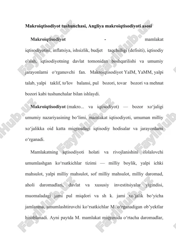 uqori ish bilan bandlik. 3. erkin bozorlarda talab va taklifning o’zaro ta'siri orqali narxlar va ish haqini aniqlash bilan birlashtirilgan barqaror narx darajasi. 4. to’lov balansining nol qiymatiga erishish. birinchi maqsad - iqtisodiy faoliyatning yakuniy maqsadi aholini tovar va xizmatlar bilan ta'minlashdir. milliy ishlab chiqarishning umumiy o’lchovi - bu yakuniy tovarlar va xizmatlarning bozor qiymatini ifodalovchi yalpi ichki mahsulot (yaim). makroiqtisodiy siyosatning ikkinchi maqsadi yuqori bandlik va ishsizlikni pasaytirish. iqtisodiy sikl davomida ishsizlik darajasi o’zgarib turadi. turg’unlik bosqichida ishchi kuchiga talab kamayadi va ishsizlik darajasi oshadi. tiklanish bosqichida ishchi kuchiga talab ortadi, ishsizlik kamayadi. barchaning munosib mehnatga bo’lgan ehtiyojini qondirish, bu qiyin vazifadir. uchinchi makroiqtisodiy maqsad - erkin bozorlar sharoitida narxlarning barqarorligi. umumiy narxlar darajasining umumiy o’lchovi iste'mol tovarlari va xizmatlarining belgilangan "savat" to’plamini sotib olish xarajatlarini hisobga oladigan iste'mol narxlari indeksidir. to’rtinchi maqsad ochiq iqtisodiyotga taalluqli bo’lib, to’la ish bilan 6 ta'minlanganlik darajasida to’lash balansi bilan umumiy iqtisodiy muvozanatga …